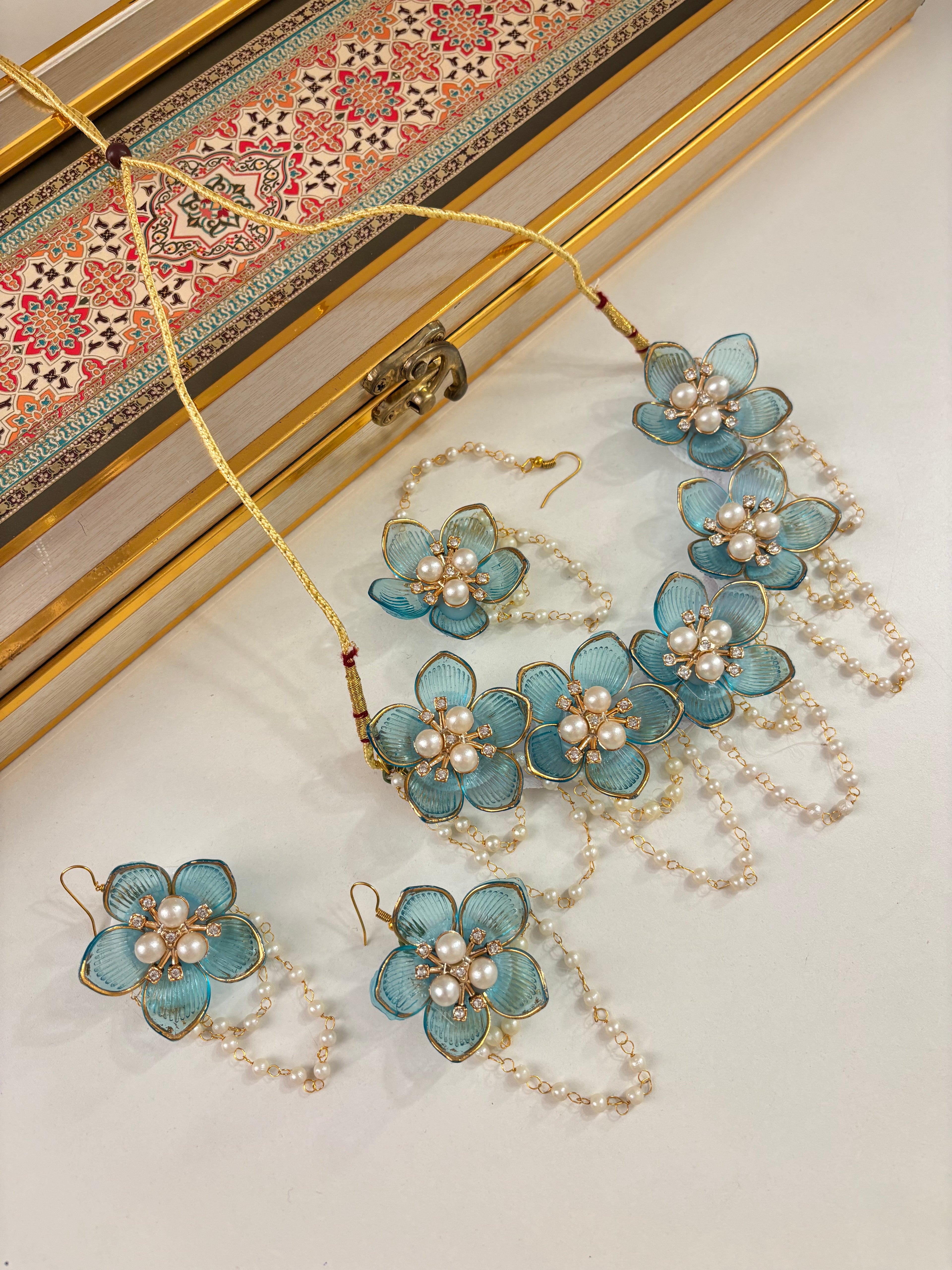 Flower Petal Floral Necklace With Mang Tikka & Earrings (Blue)