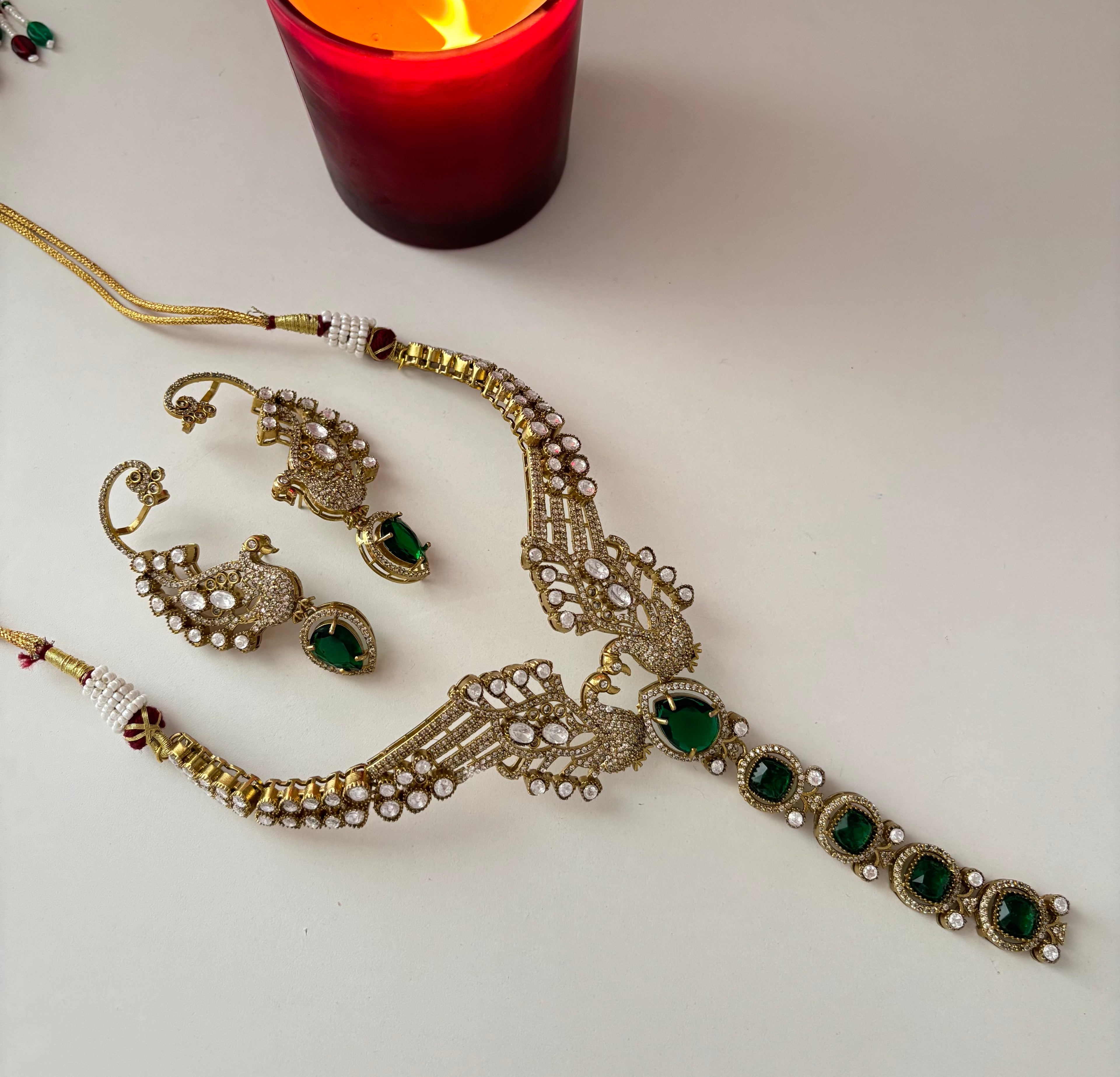Royal Peacock Designer Statement Premium Doublet Stones Work Necklace With Earcuff (Emerald)