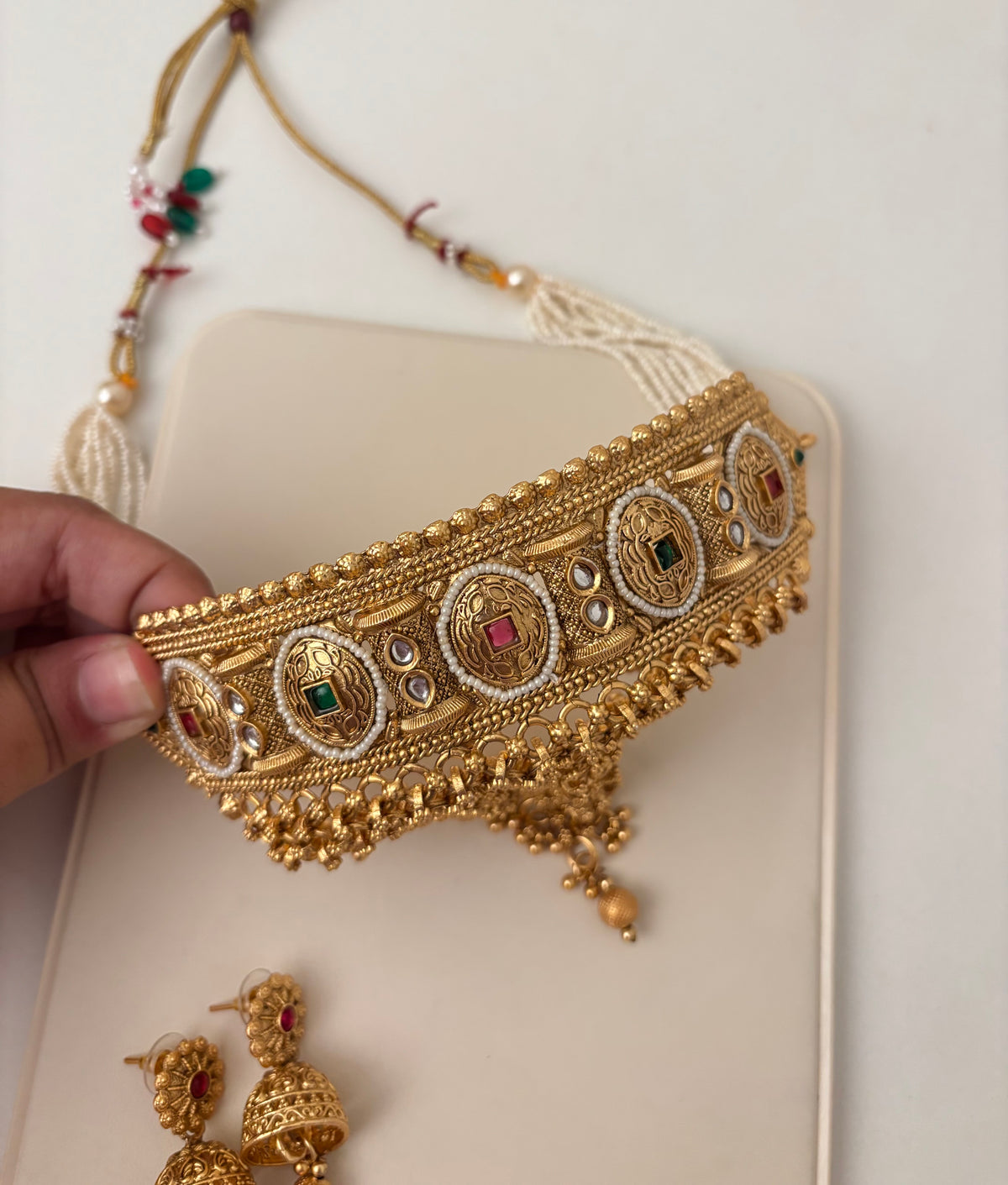 Premium Gold Look Like Choker Set With Jhumkas Design-21