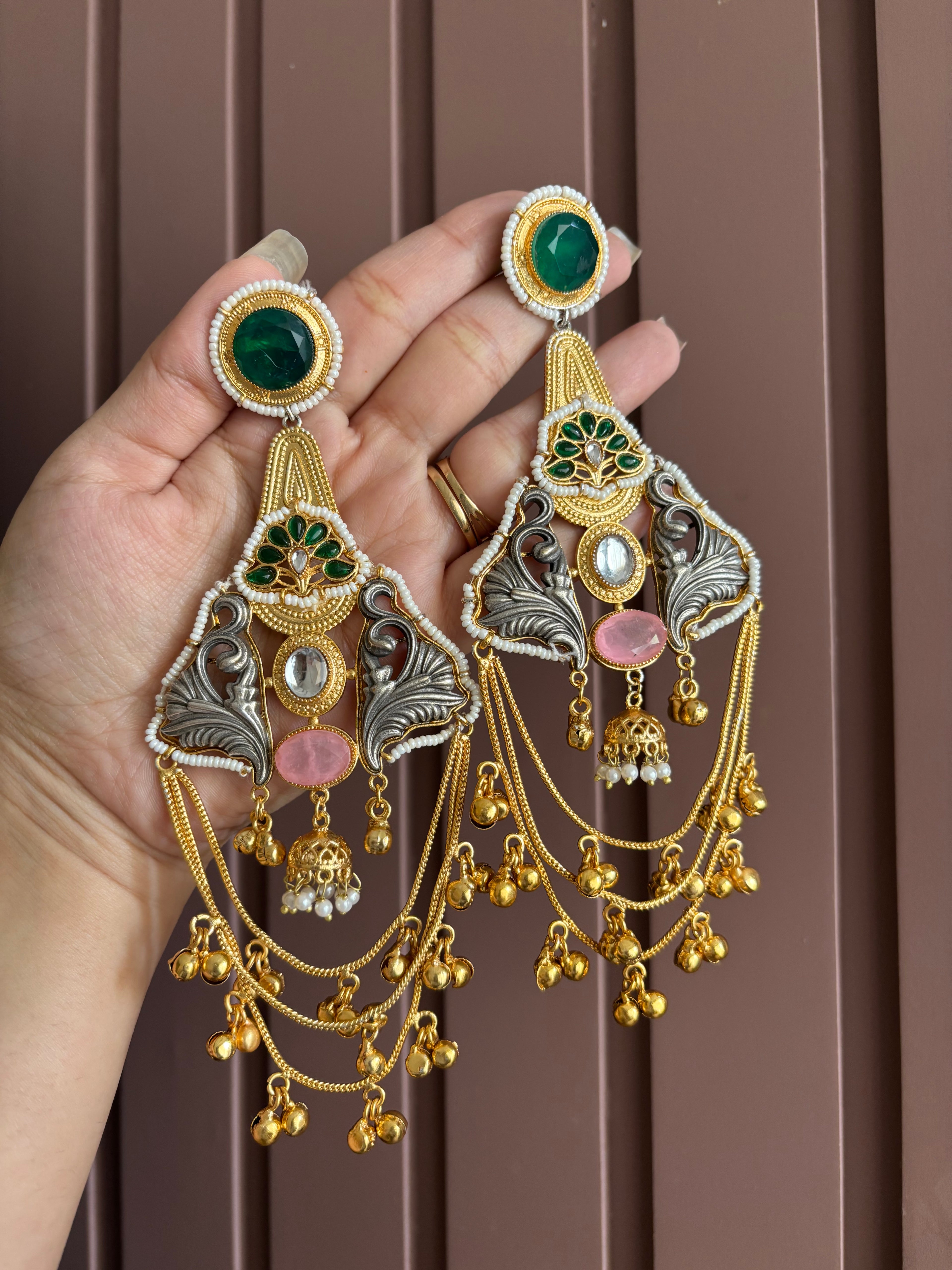 Barkha Heavy Look Long Earrings ( Pink & Green )