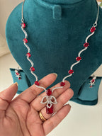 Angel American Diamond Sleek Necklace With Earrings (Ruby)