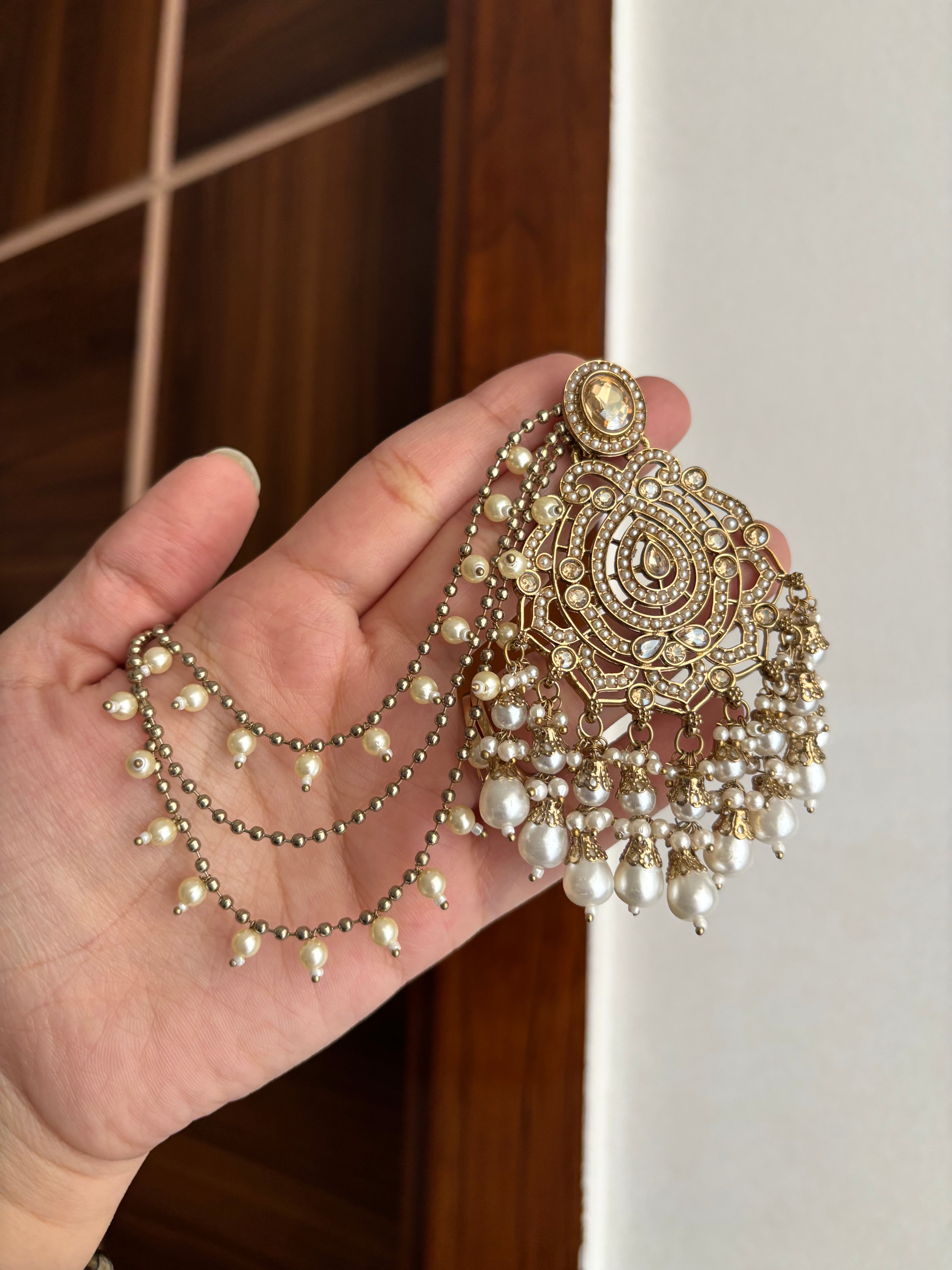 Jadau And Pearl Work Earrings With Detachable Earchain