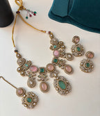 Princess Elsa Sabya Inspired Necklace With Mang Tikka & Earrings (Pink/Mint)