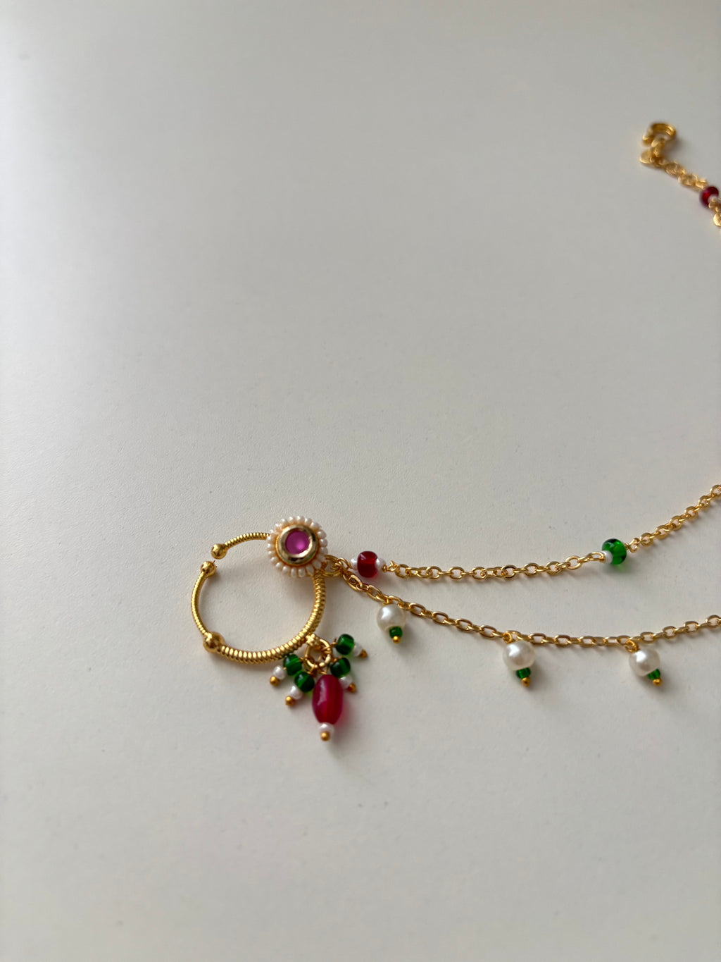 Radha Press On Nose Pin With Side Layer (Maroon/Green)
