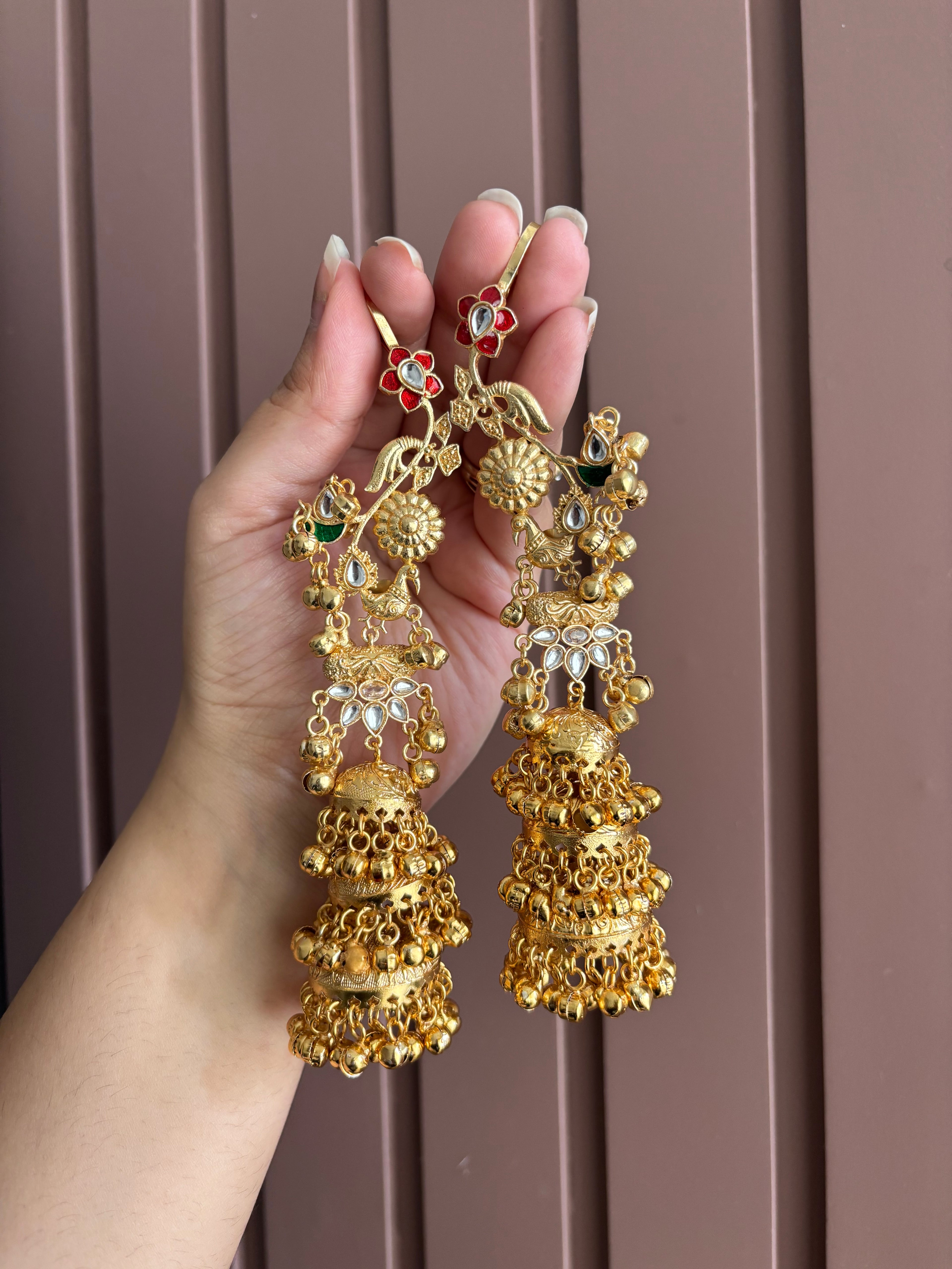 Jasso Red & Green Combination Kashmiri Earcuff With 3 Layers Jhumkas