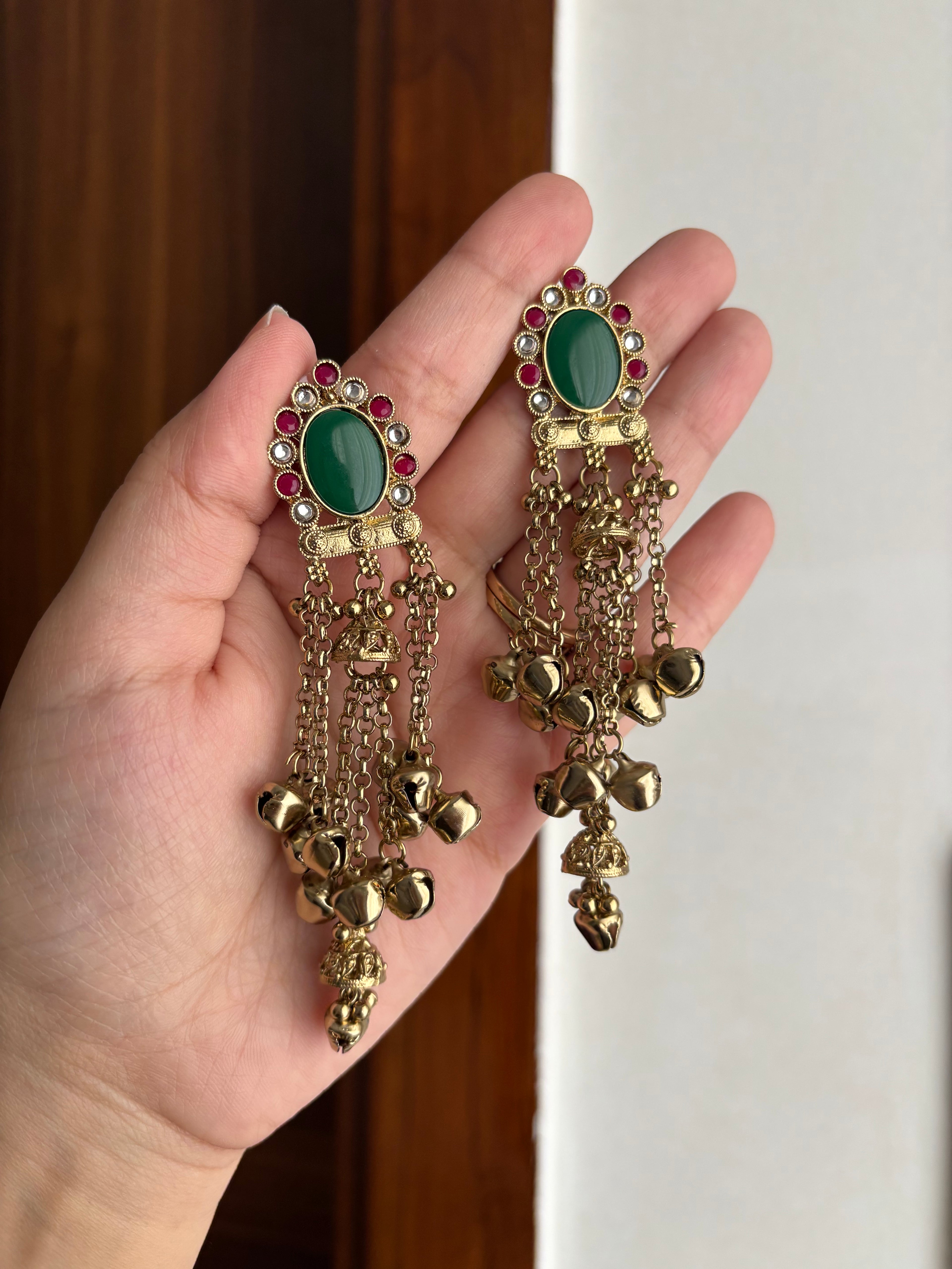 Daisy Ghungroo Earrings (Green & Ruby)
