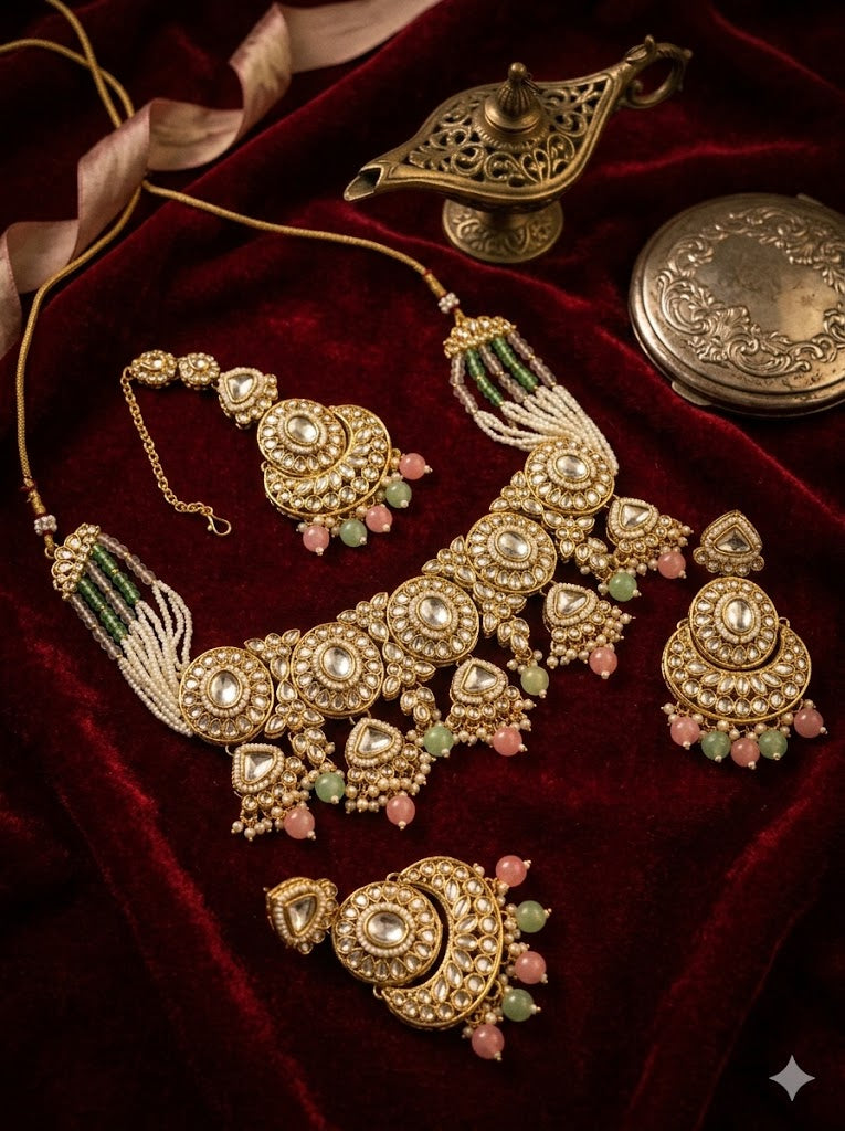 Aisha Heavy Look Choker Set With Mang Tikka & Earrings ( Pink & Mint Mix )