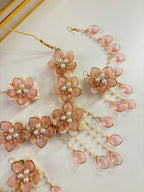 Rose Petal & Mogra Touch Necklace With Mang Tikka & Earrings With Side Layers (Pink)