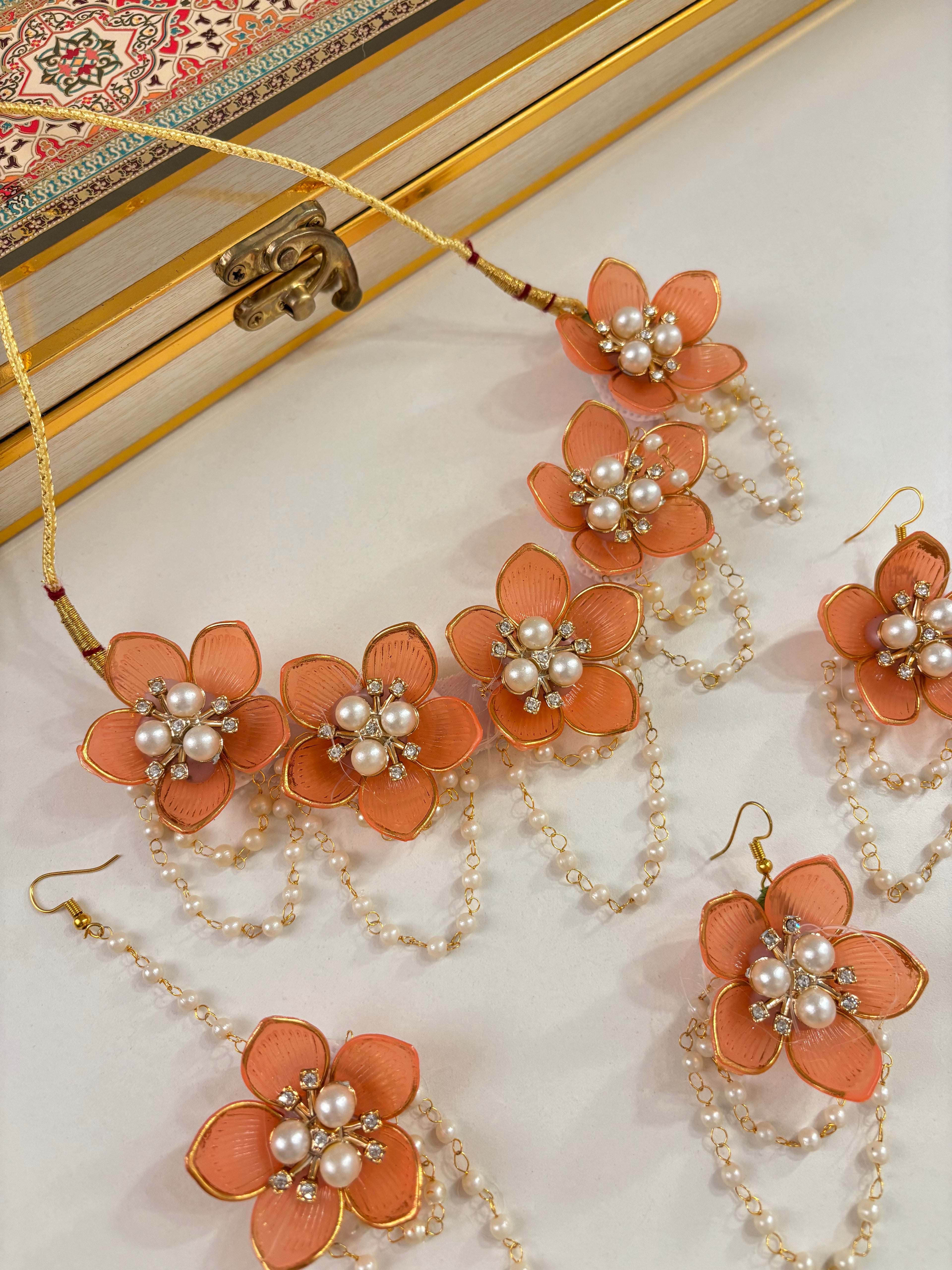 Flower Petal Floral Necklace With Mang Tikka & Earrings (Orange)