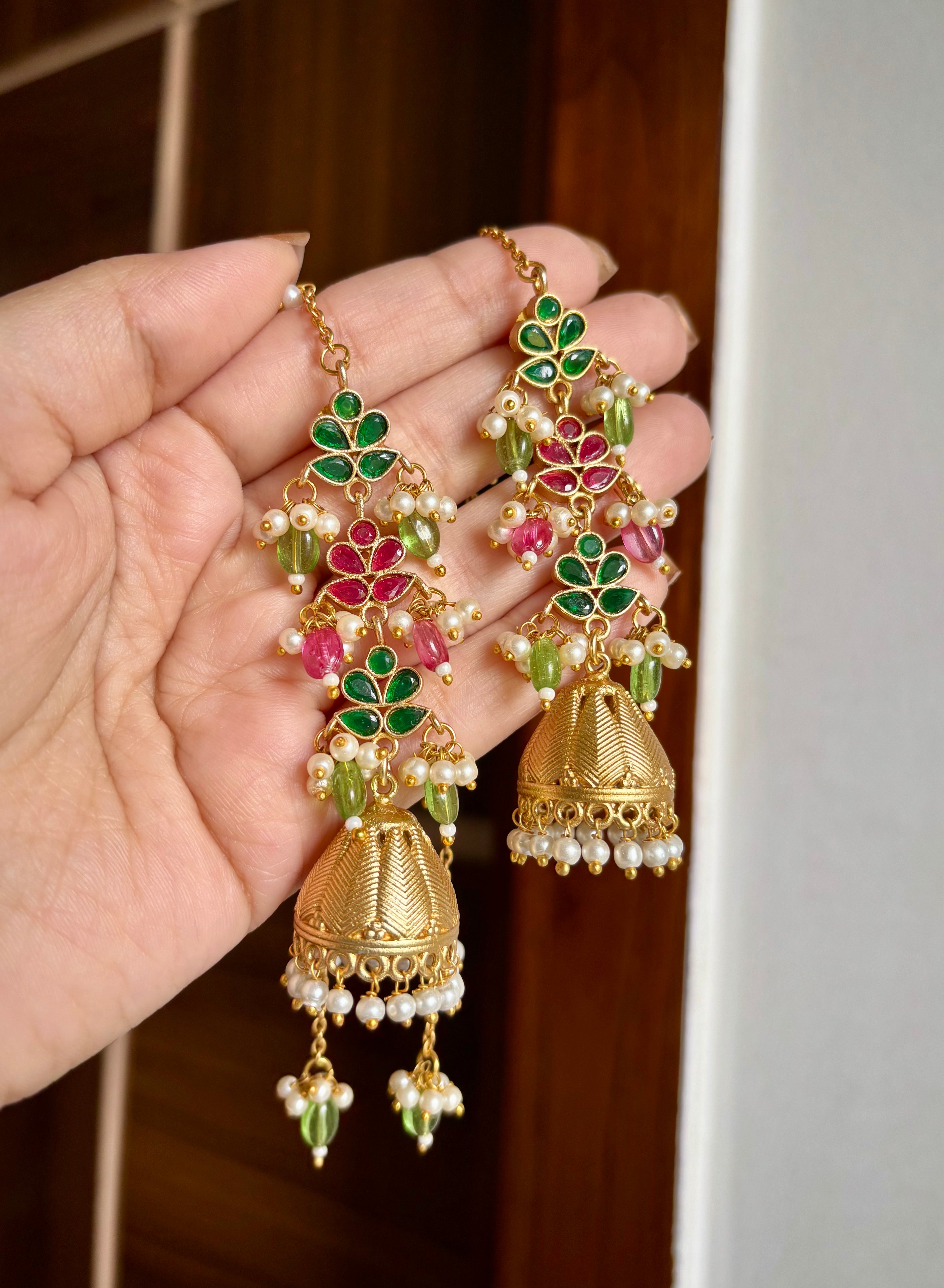 High Quality Designer Statement Brass Earrings (Ruby & Emerald)