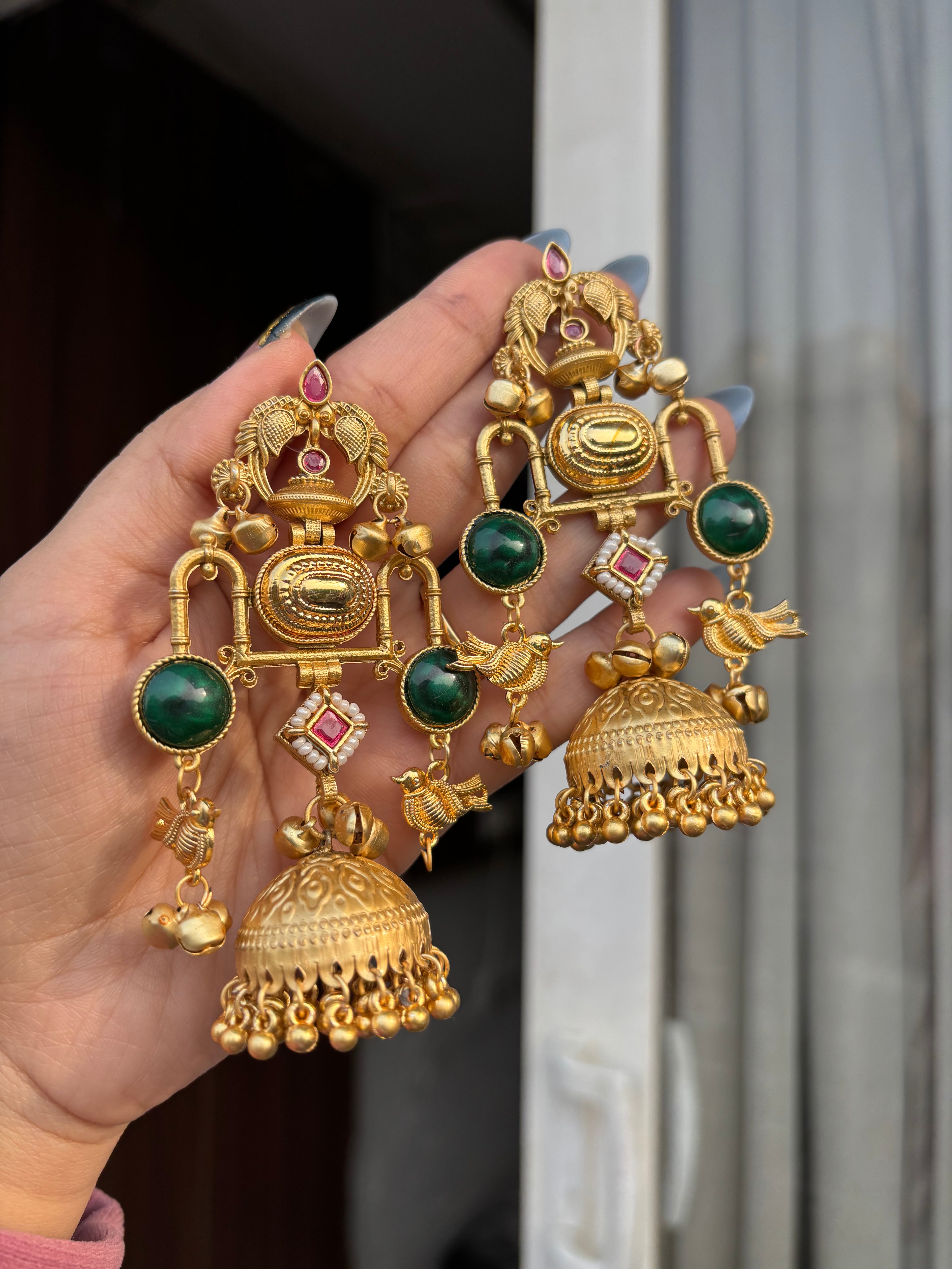 Red & Green Bird Golden Kashmiri Statement Jhumkas
