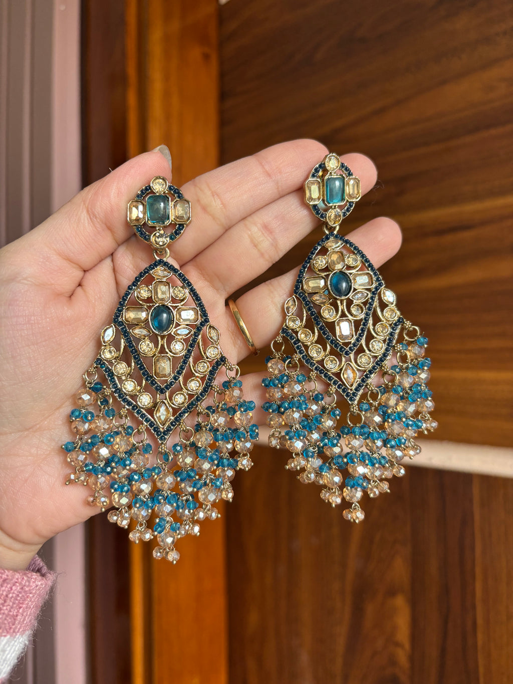 High Quality Designer Crystal Beads Work Long Earrings