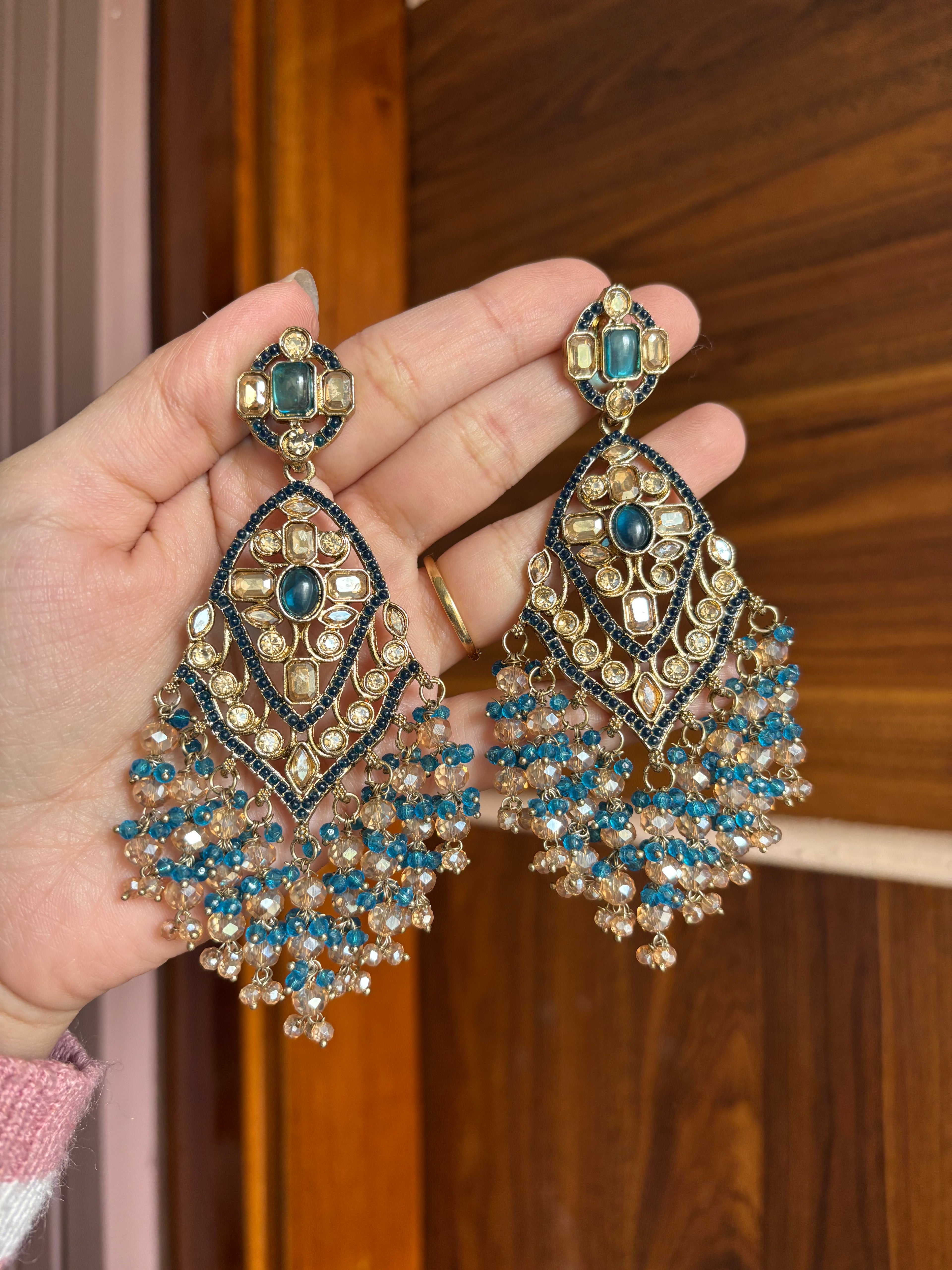 High Quality Designer Crystal Beads Work Long Earrings