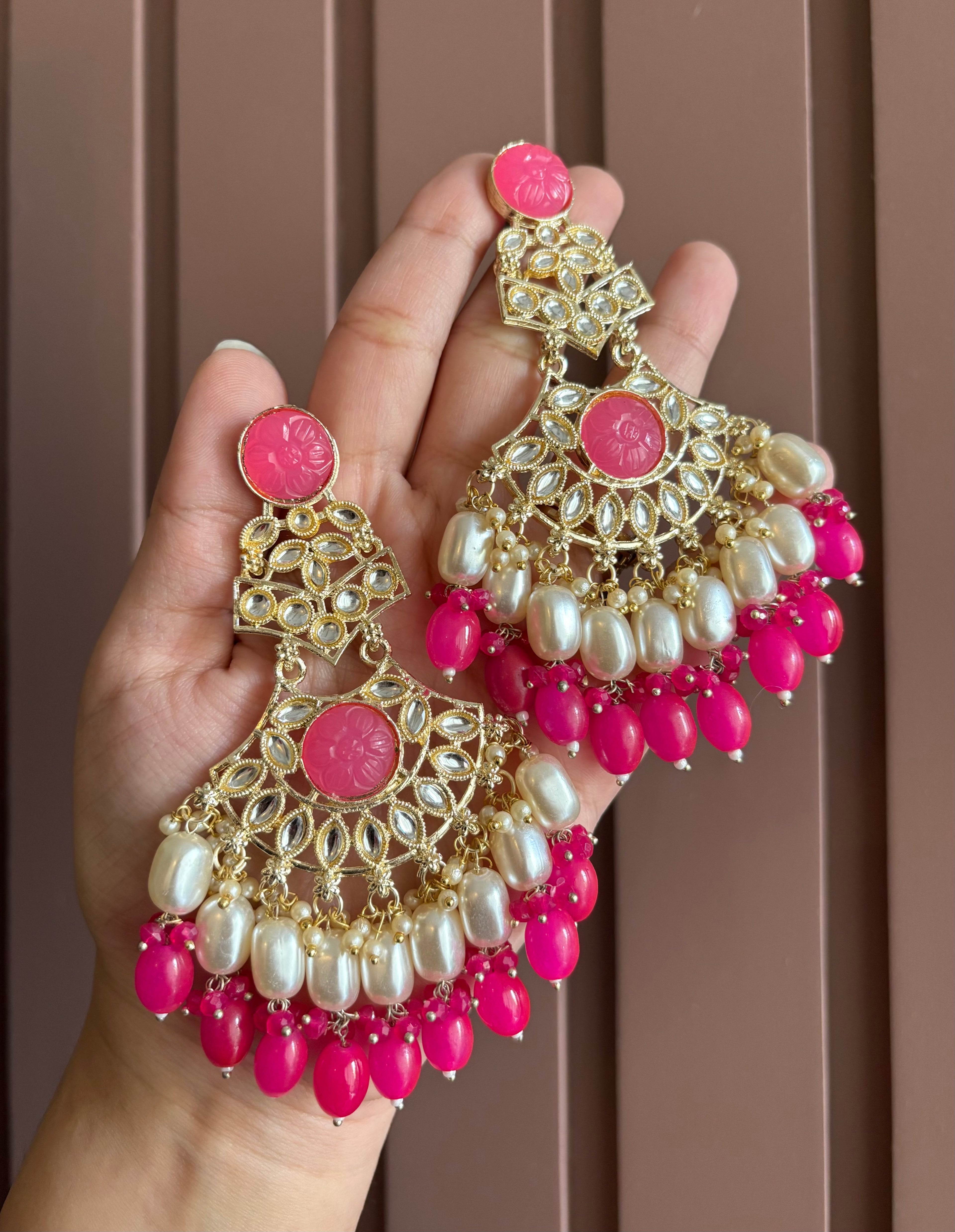 High Quality Designer Kundan & Pearl Touch Long Earrings (Hot Pink)