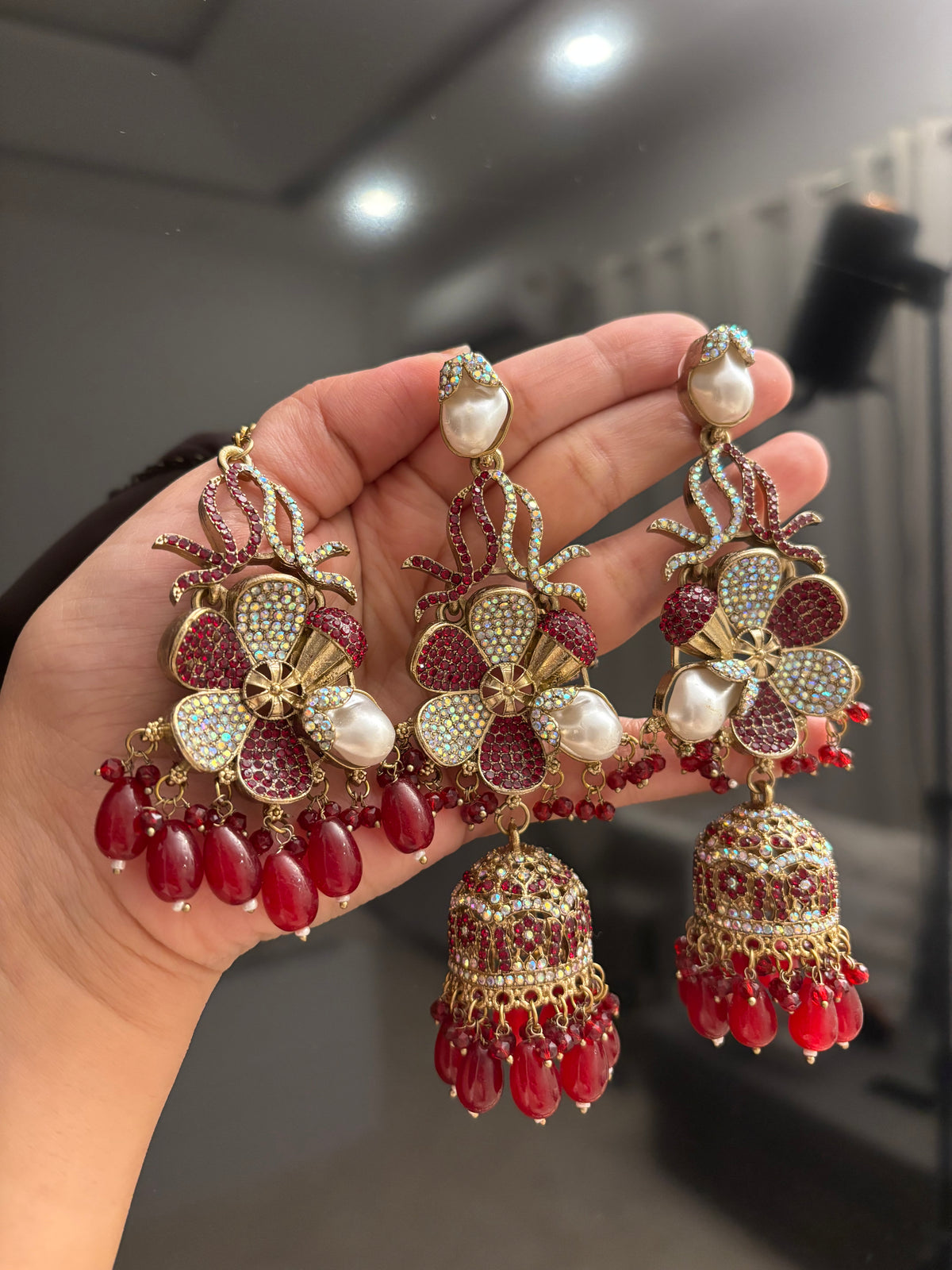 Premium Designer Turkish Long Earrings With Mang Tikka (Maroon)