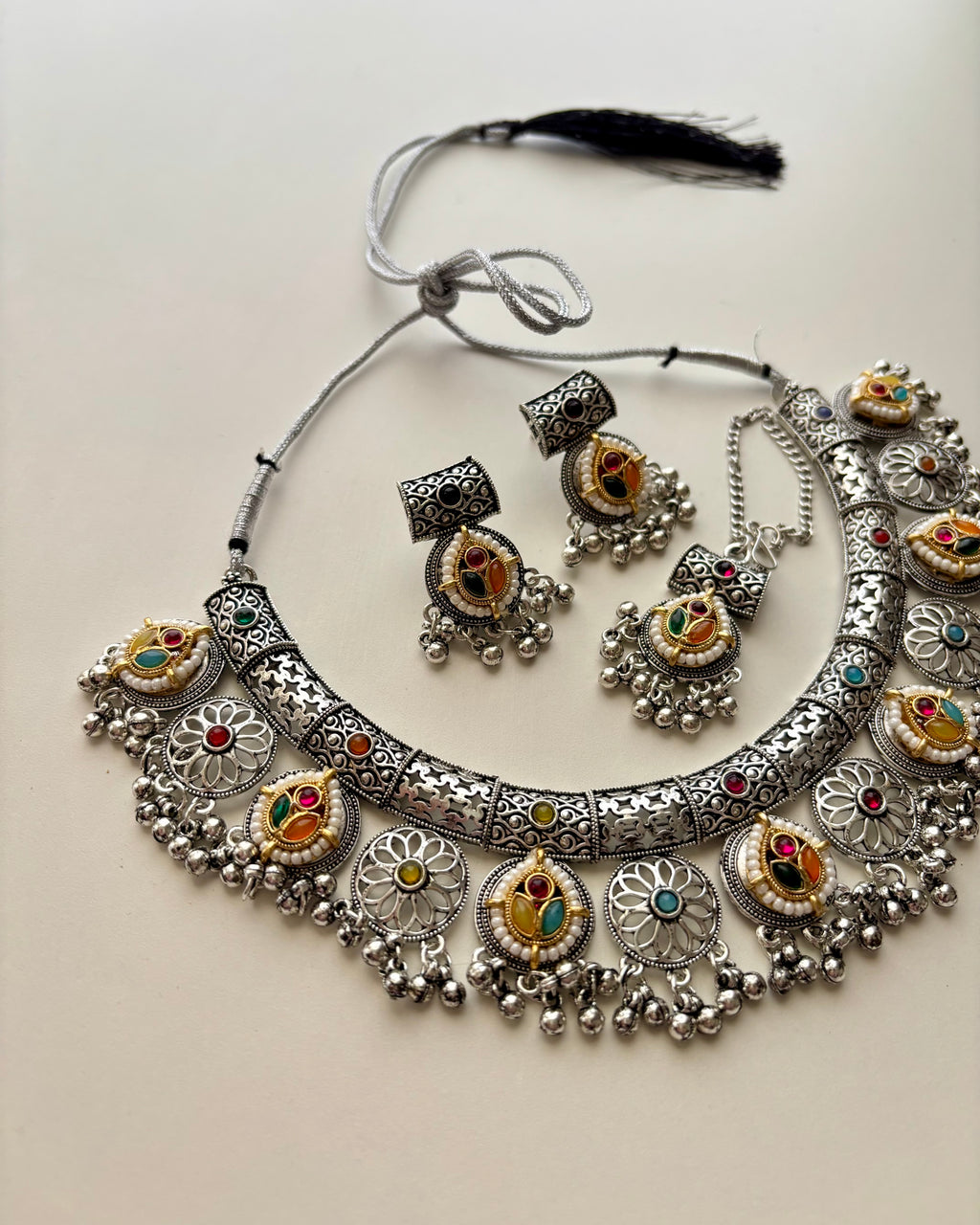 Zeena Premium Silver Necklace With Mang Tikka & Earrings In Pachi Touch