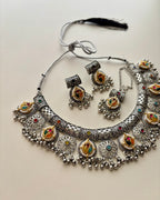 Zeena Premium Silver Necklace With Mang Tikka & Earrings In Pachi Touch