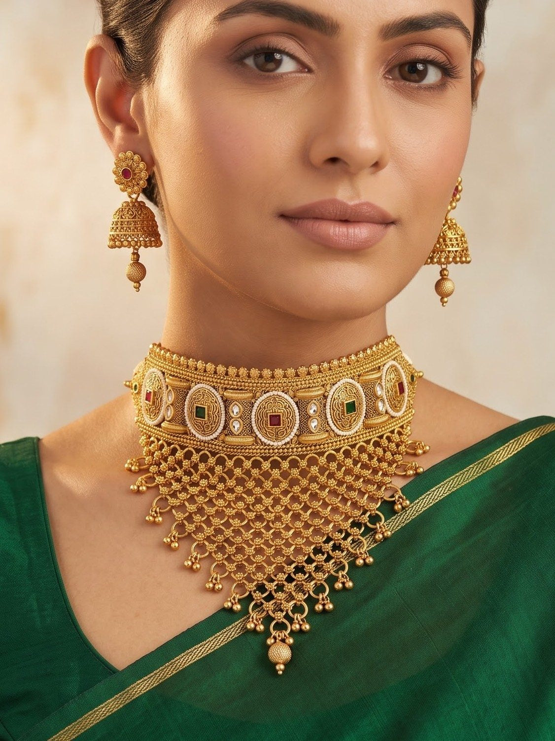 Premium Gold Look Like Choker Set With Jhumkas Design-21
