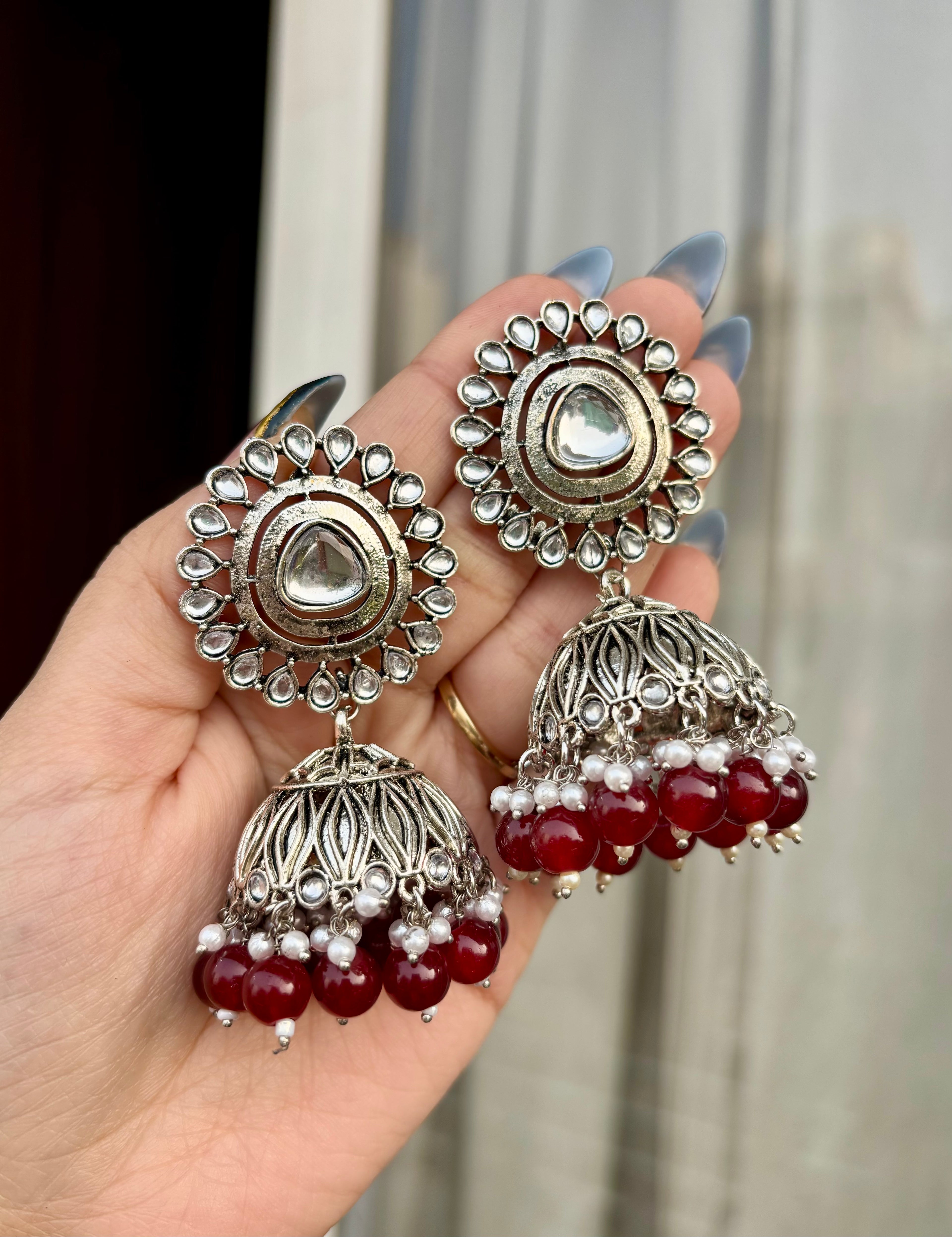 Maroon Flower Silver Jhumkas