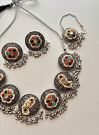 Meenakshi Premium Silver Choker With Mang Tikka & Stud Earrings In Pachi Touch