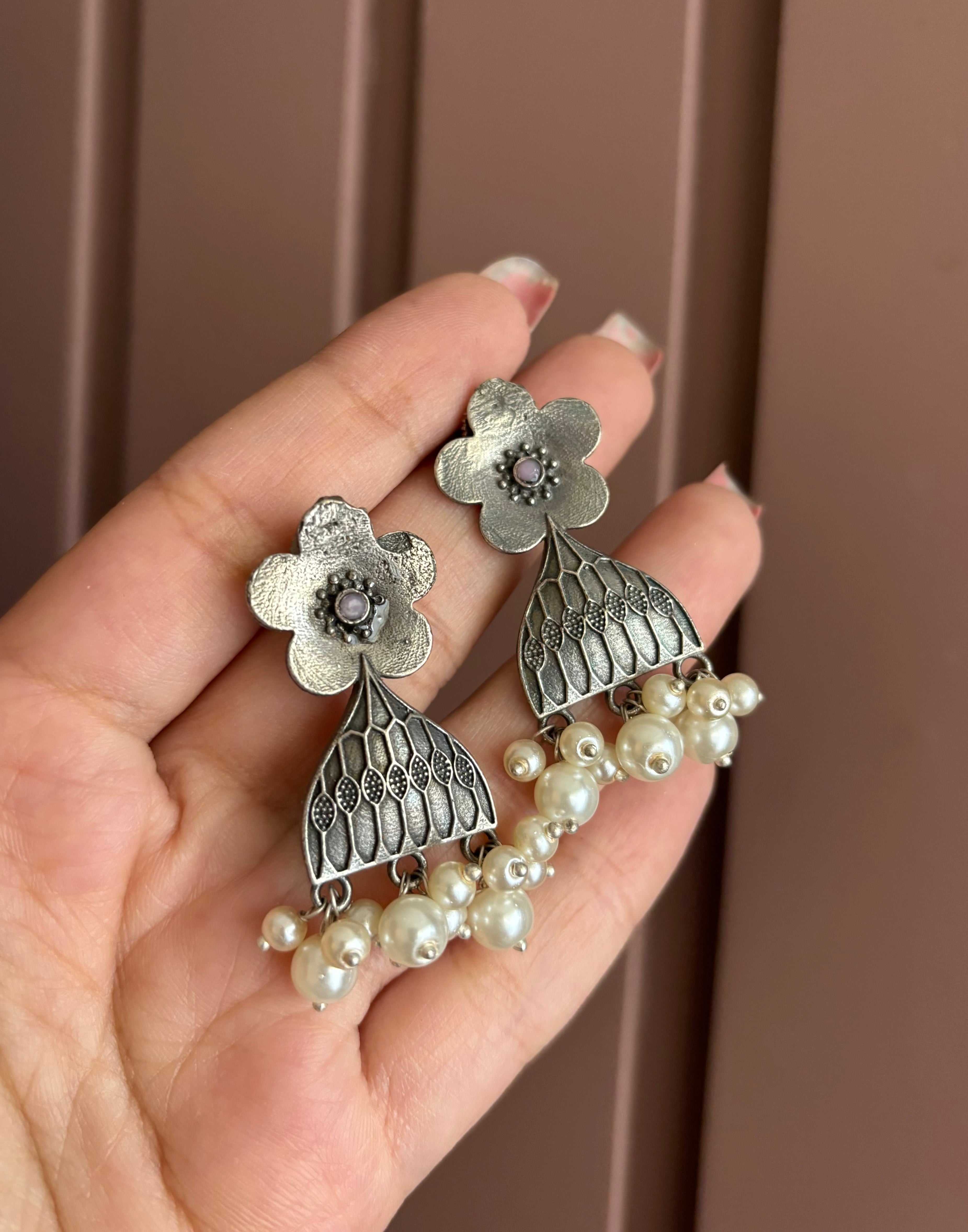 Baby Pink Flower German Silver Earrings