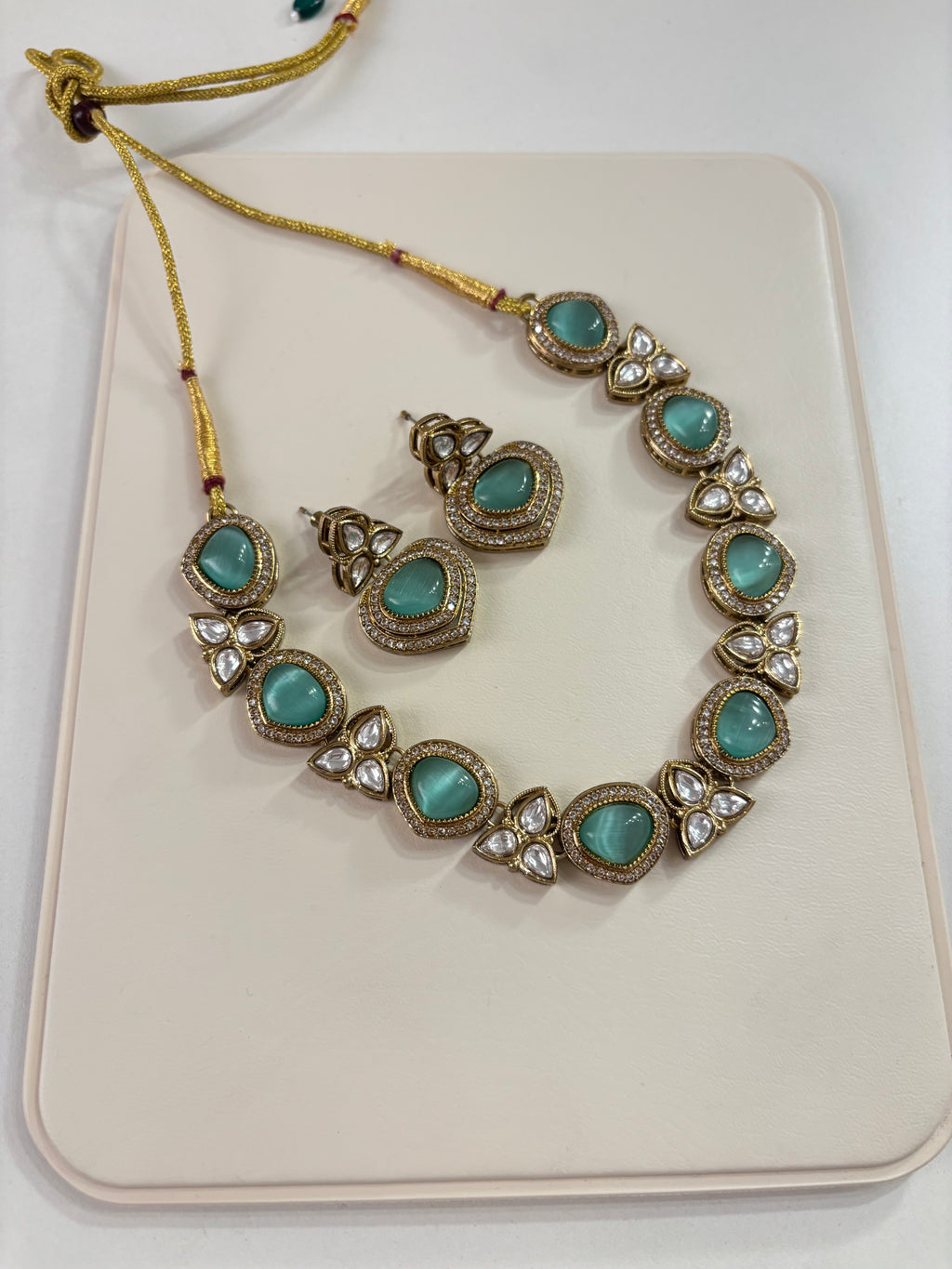 Premium Sleek Moissanite & Doublet Stones Work Necklace With Earrings (Turquoise)