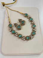 Premium Sleek Moissanite & Doublet Stones Work Necklace With Earrings (Turquoise)