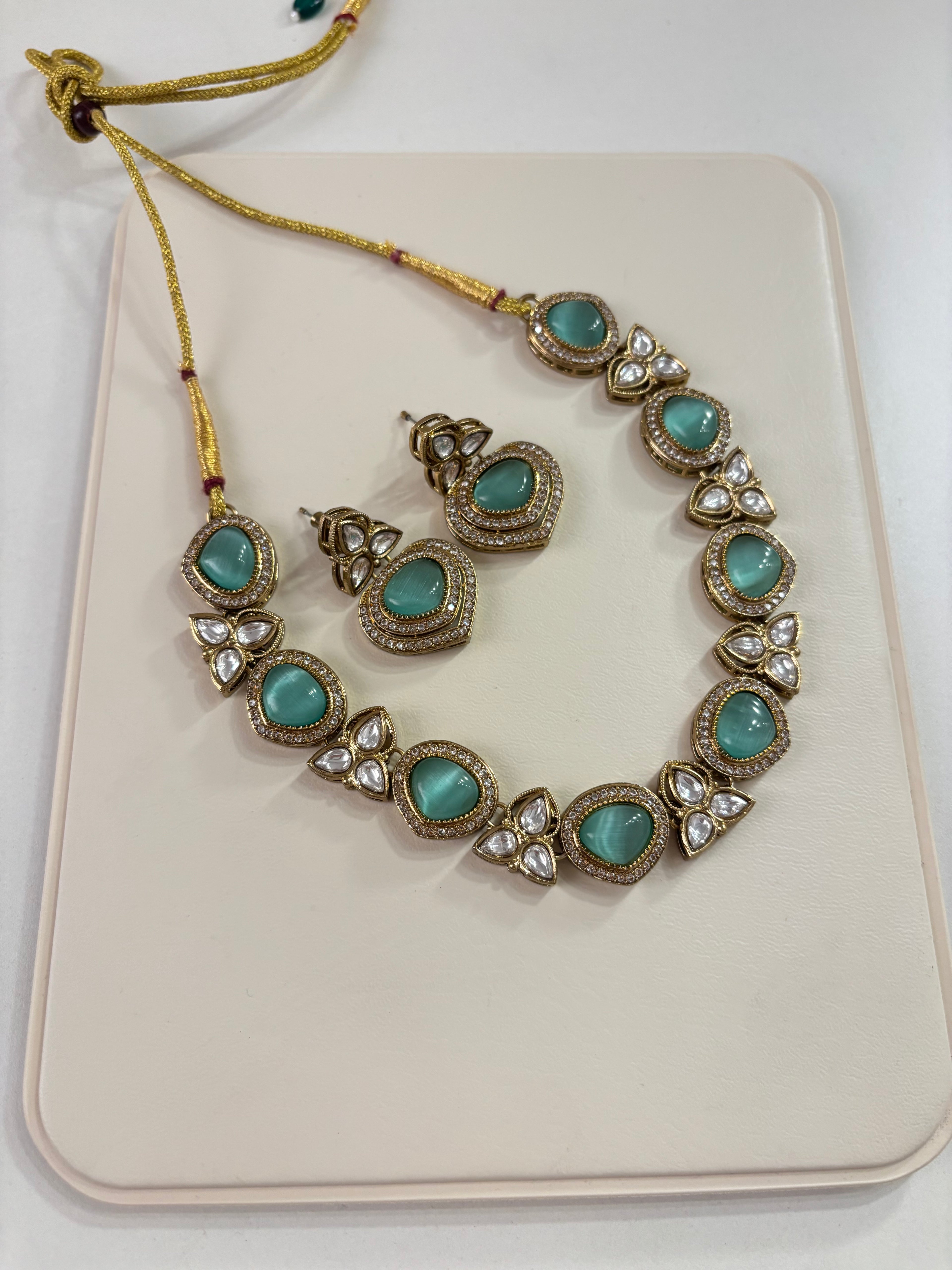 Premium Sleek Moissanite & Doublet Stones Work Necklace With Earrings (Turquoise)