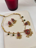 Ruby & Emerald Touch Gold Look Necklace With Earrings
