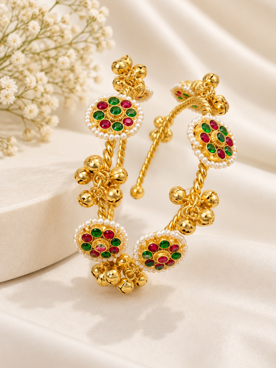 3 Flower Brass Kashmiri Ghungroo Adjustable Bangles (Emerald/Ruby)