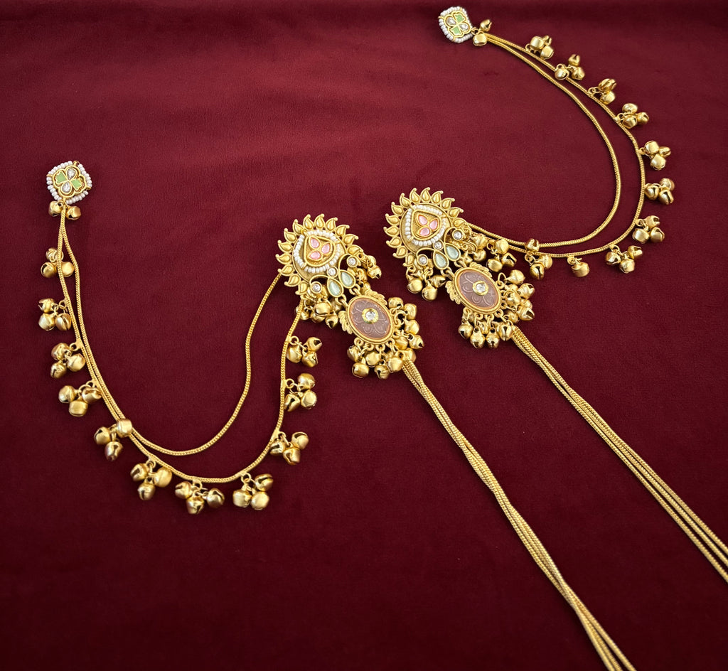 Priyanka Kashmiri Long Layer Earrings With Detachable Side Layer (Pink & Mint)