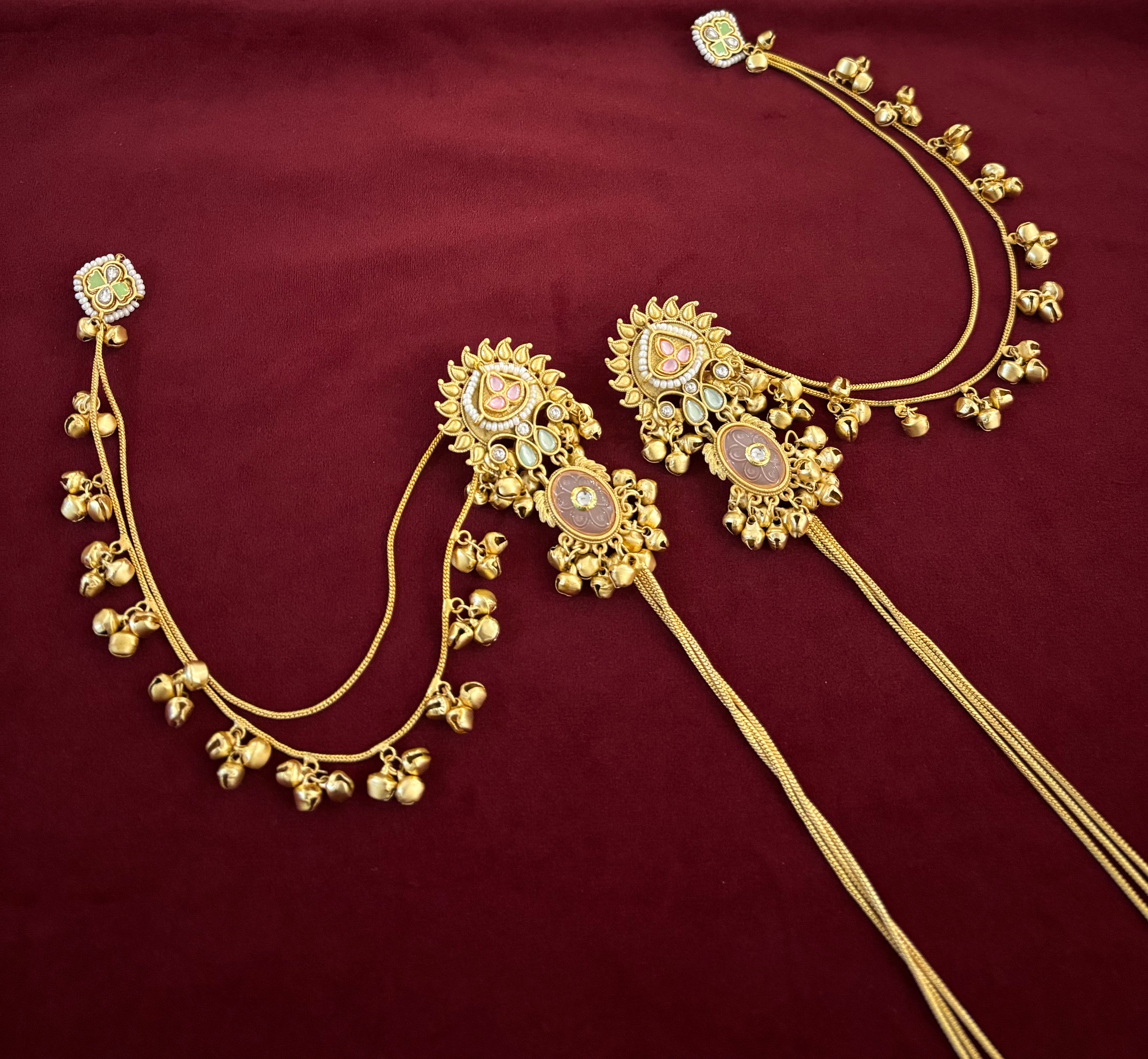 Priyanka Kashmiri Long Layer Earrings With Detachable Side Layer (Pink & Mint)