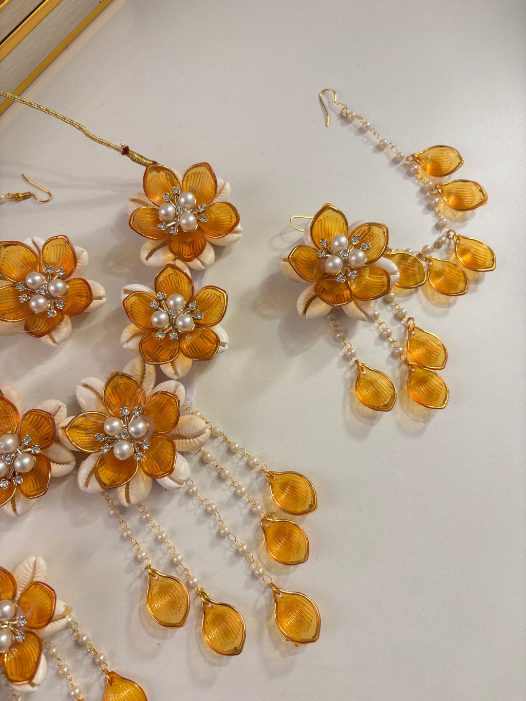 Rose Petal & Mogra Touch Necklace With Mang Tikka & Earrings With Side Layers (Yellow)