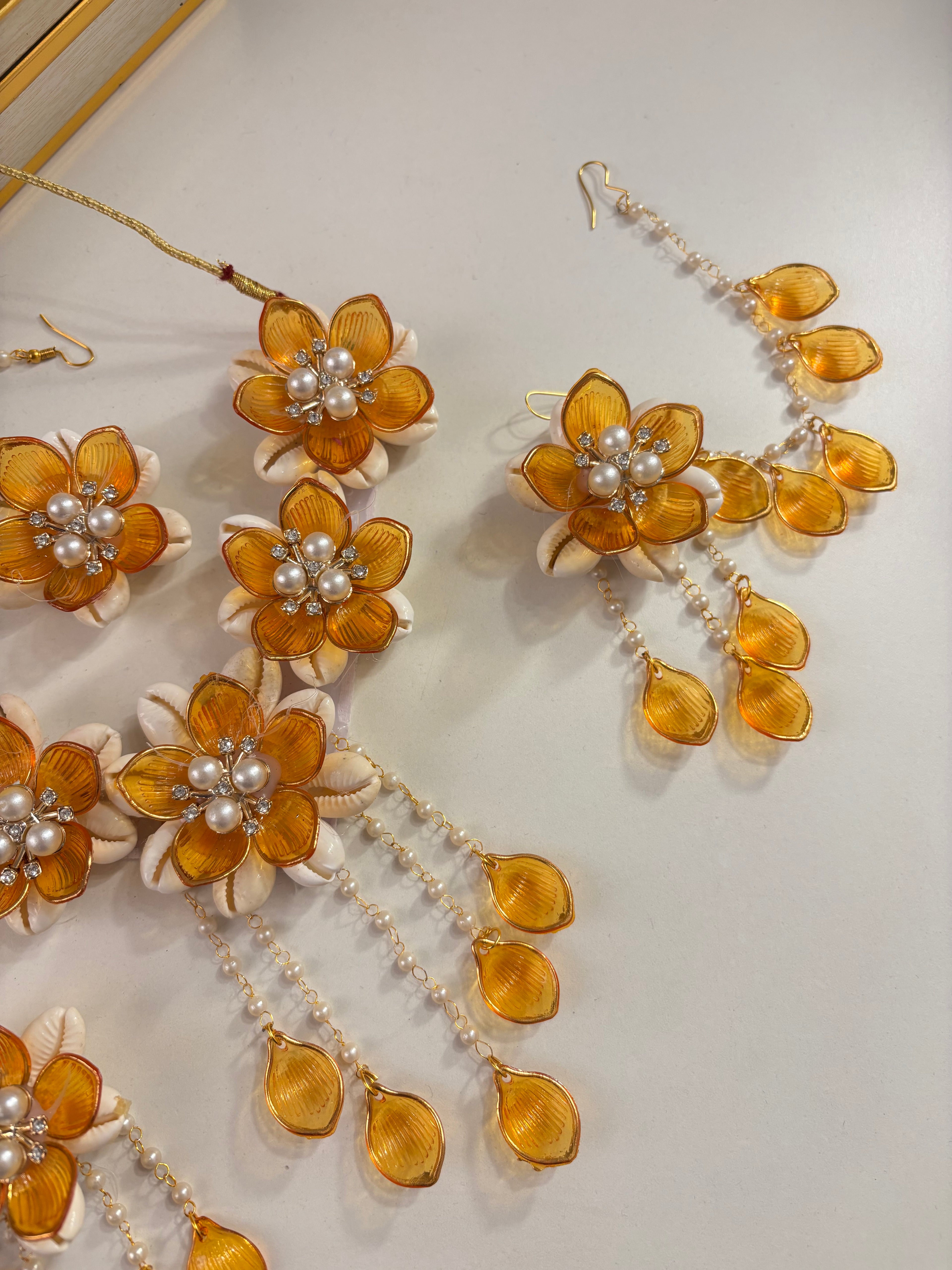 Rose Petal & Mogra Touch Necklace With Mang Tikka & Earrings With Side Layers (Yellow)