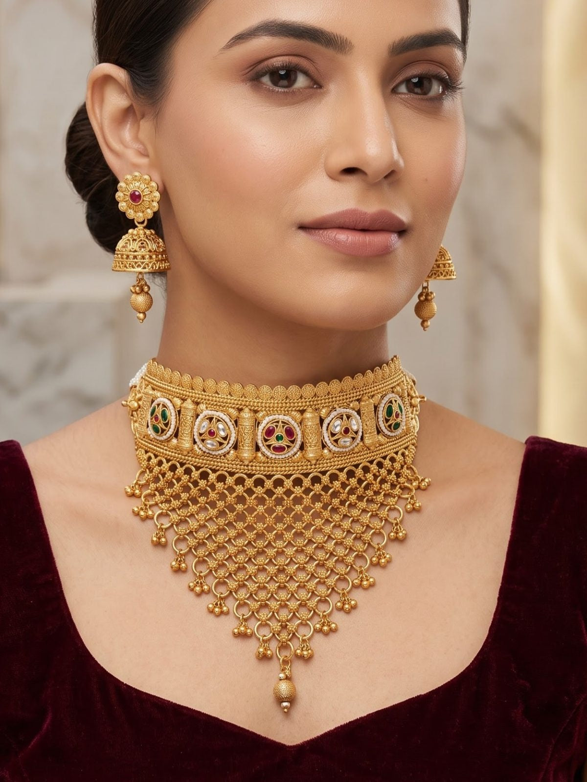 Premium Gold Look Like Choker Set With Jhumkas Design-22