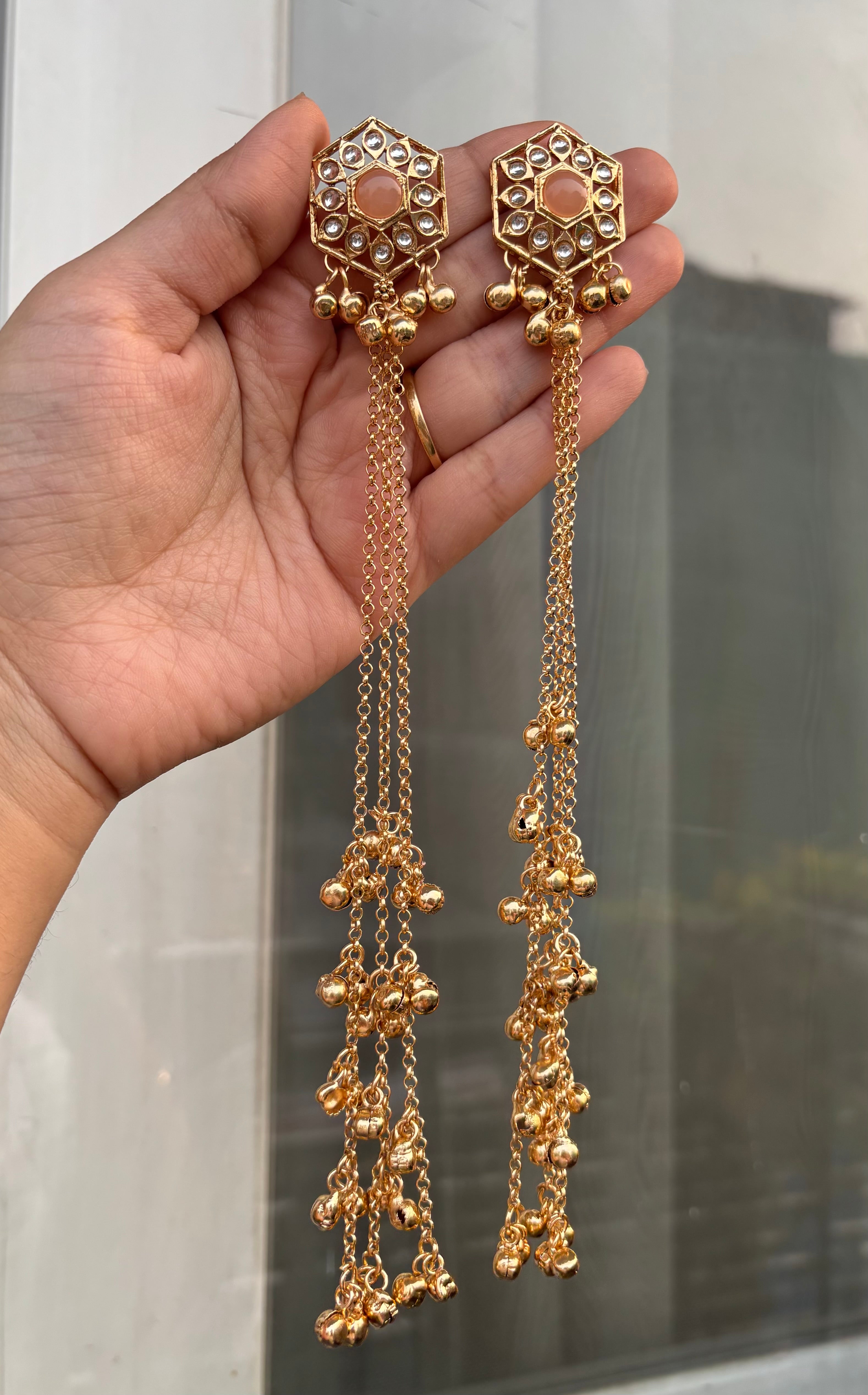Peach Stud Kashmiri Long Layer Ghungroo Earrings