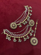 High Quality Designer Round Wine Mang Tikka With Stud Earrings & Side Layers