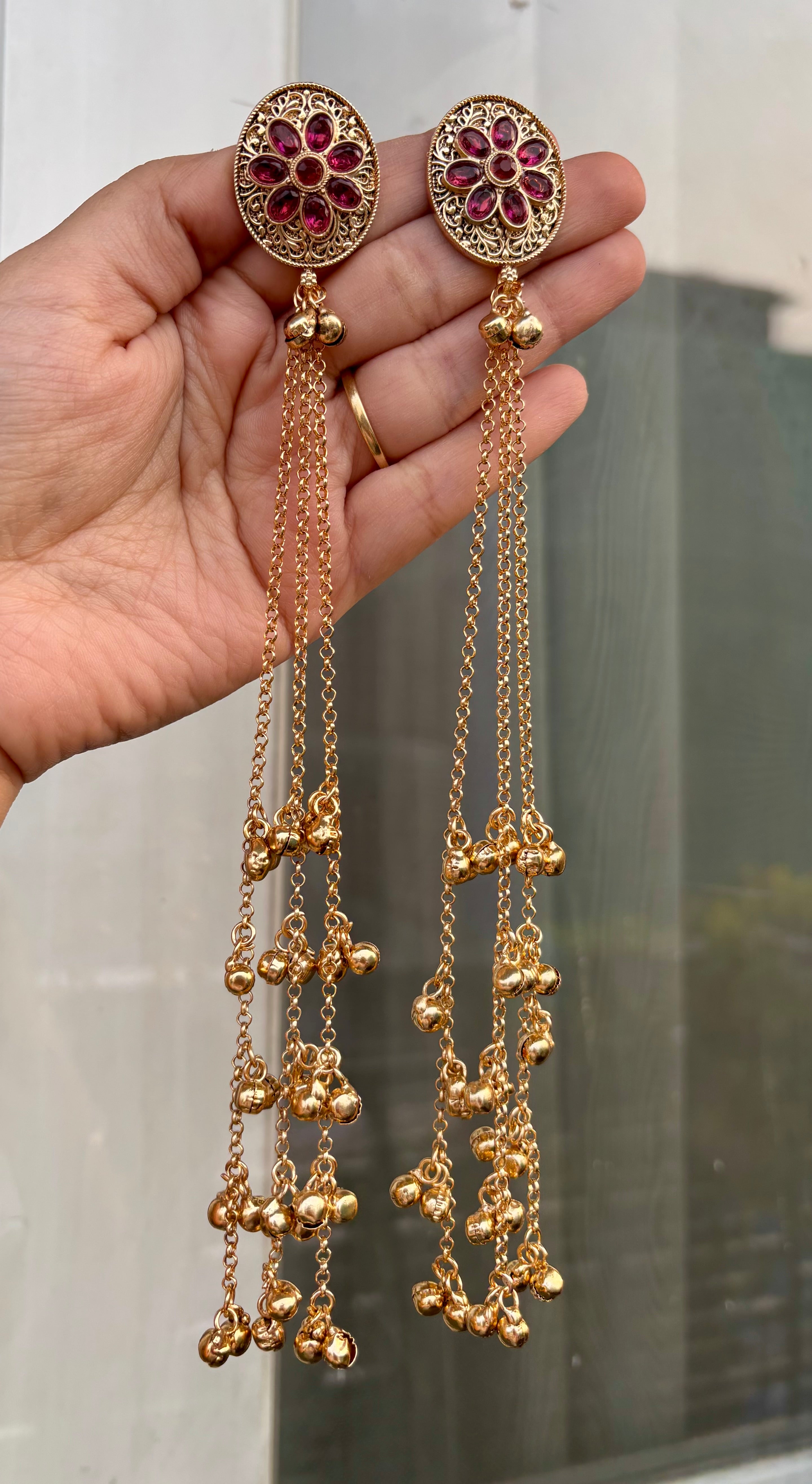 Wine Flower Stud Kashmiri Long Layer Ghungroo Earrings