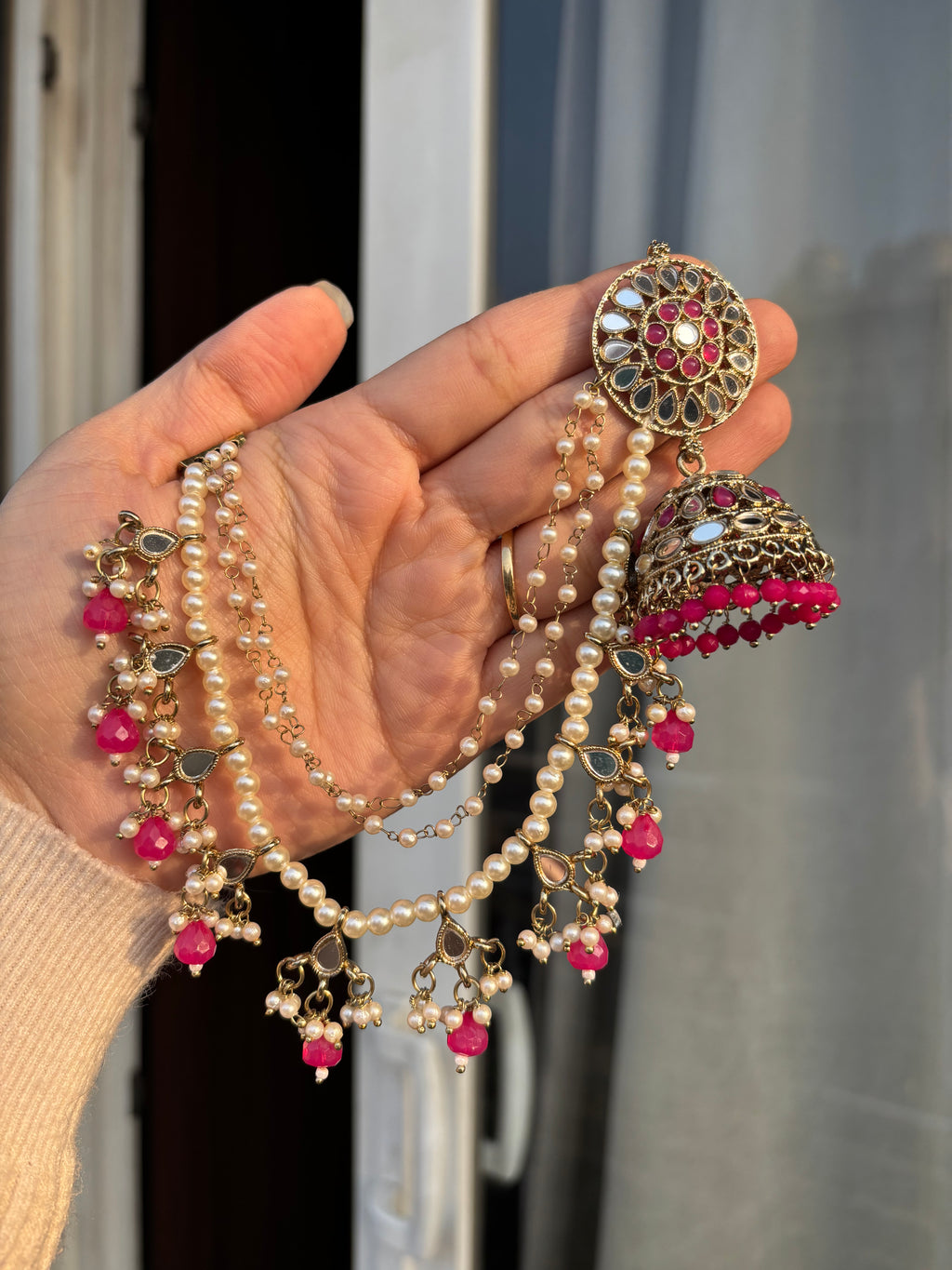 Nancy Mirror Cut Mang Tikka With Jhumkas & Side Layers ( Dark Pink )