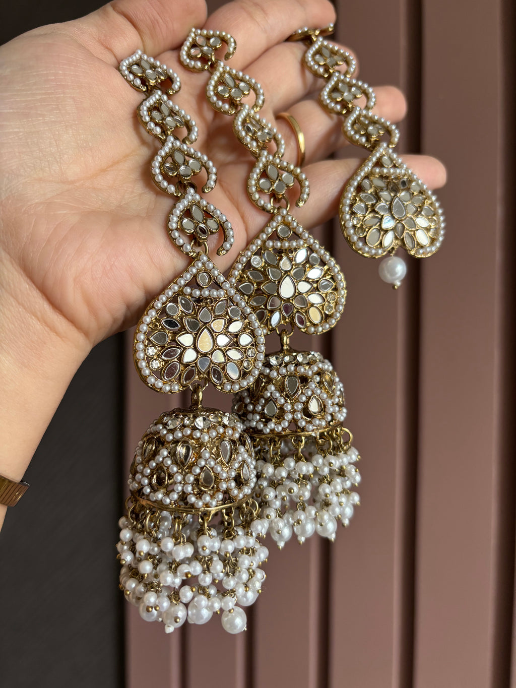 High Quality Designer Full Mirror & Pearl Touch Mang Tikka & Jhumkas With Sahara