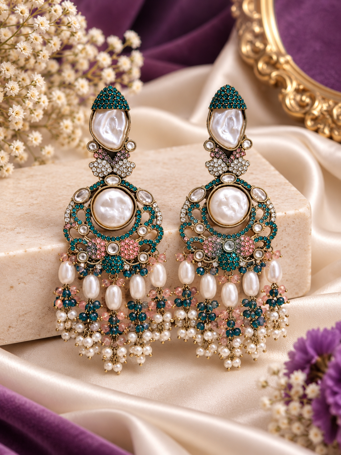 Mehboob Turkish Long Earrings (Blue/Pink)