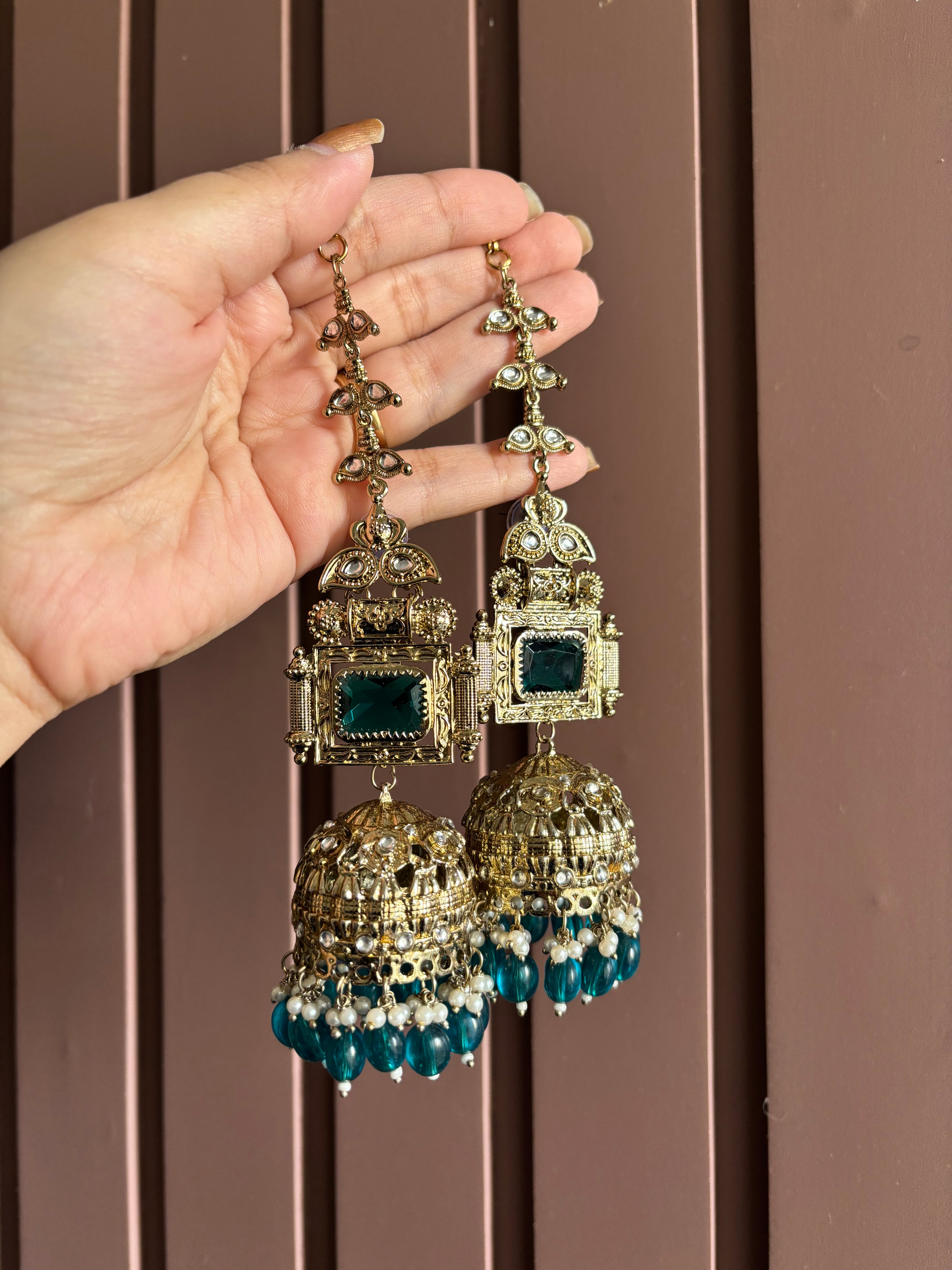 Champa Heavy Look Jhumkas With Sahara (Peacock Green)
