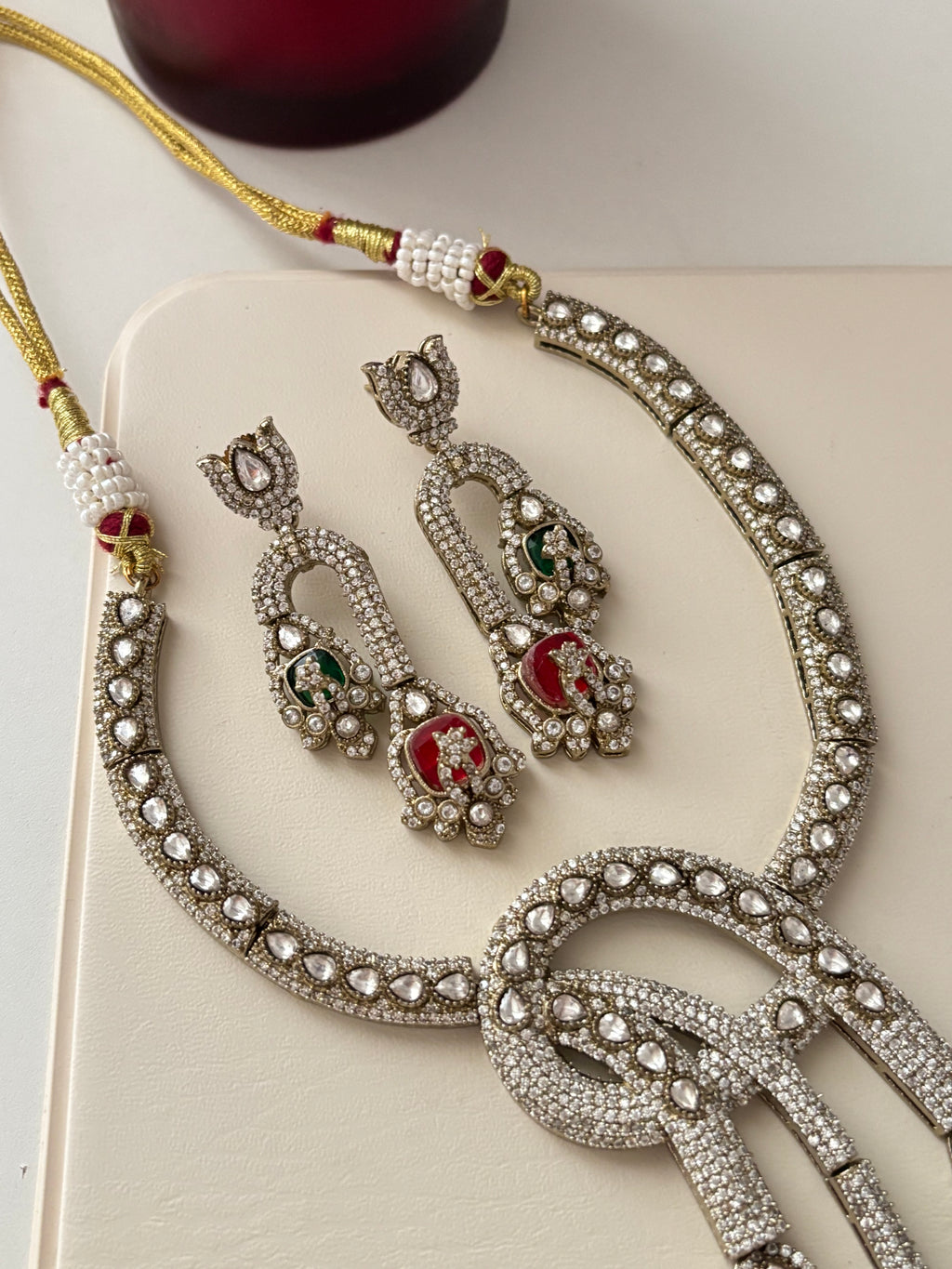 Statement Designer Twist Moissanite & Doublet Stones Work Necklace With Earrings