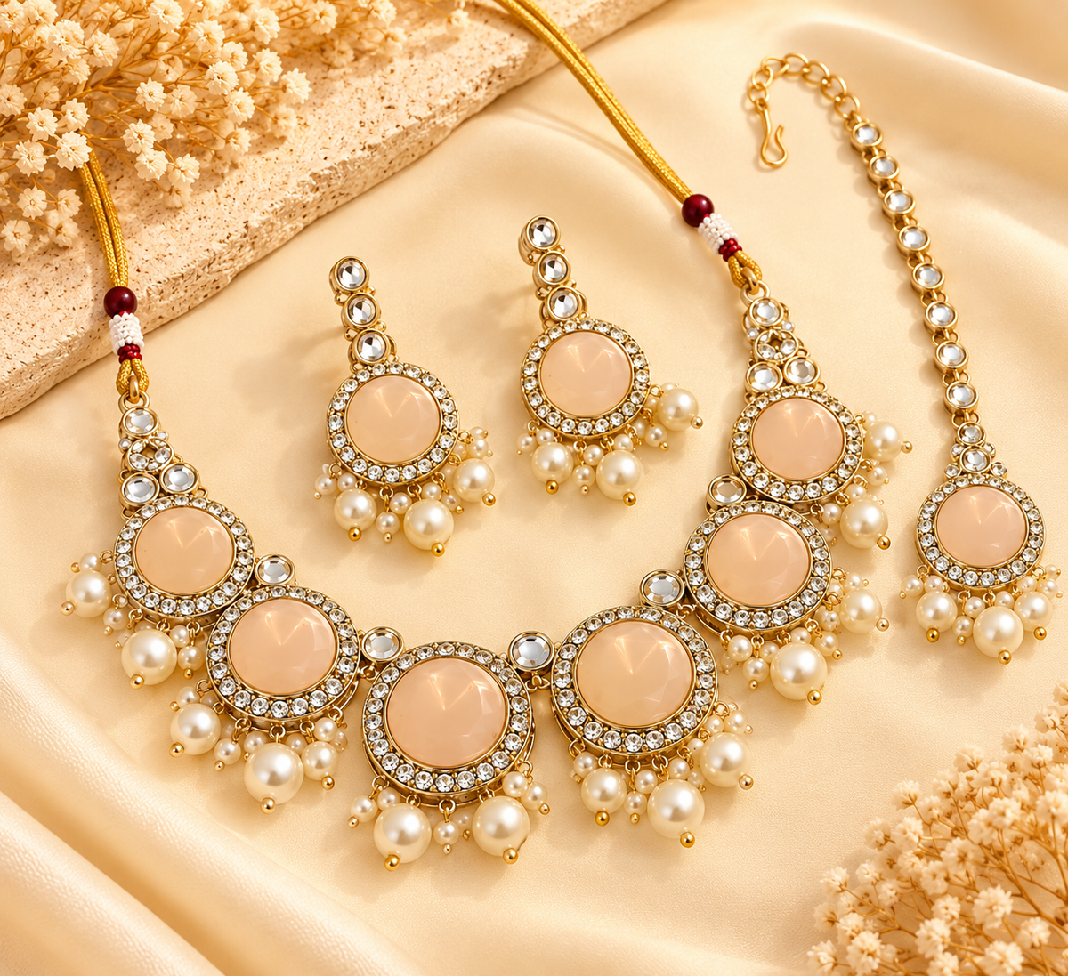 Peach Round Necklace With Mang Tikka With Earrings
