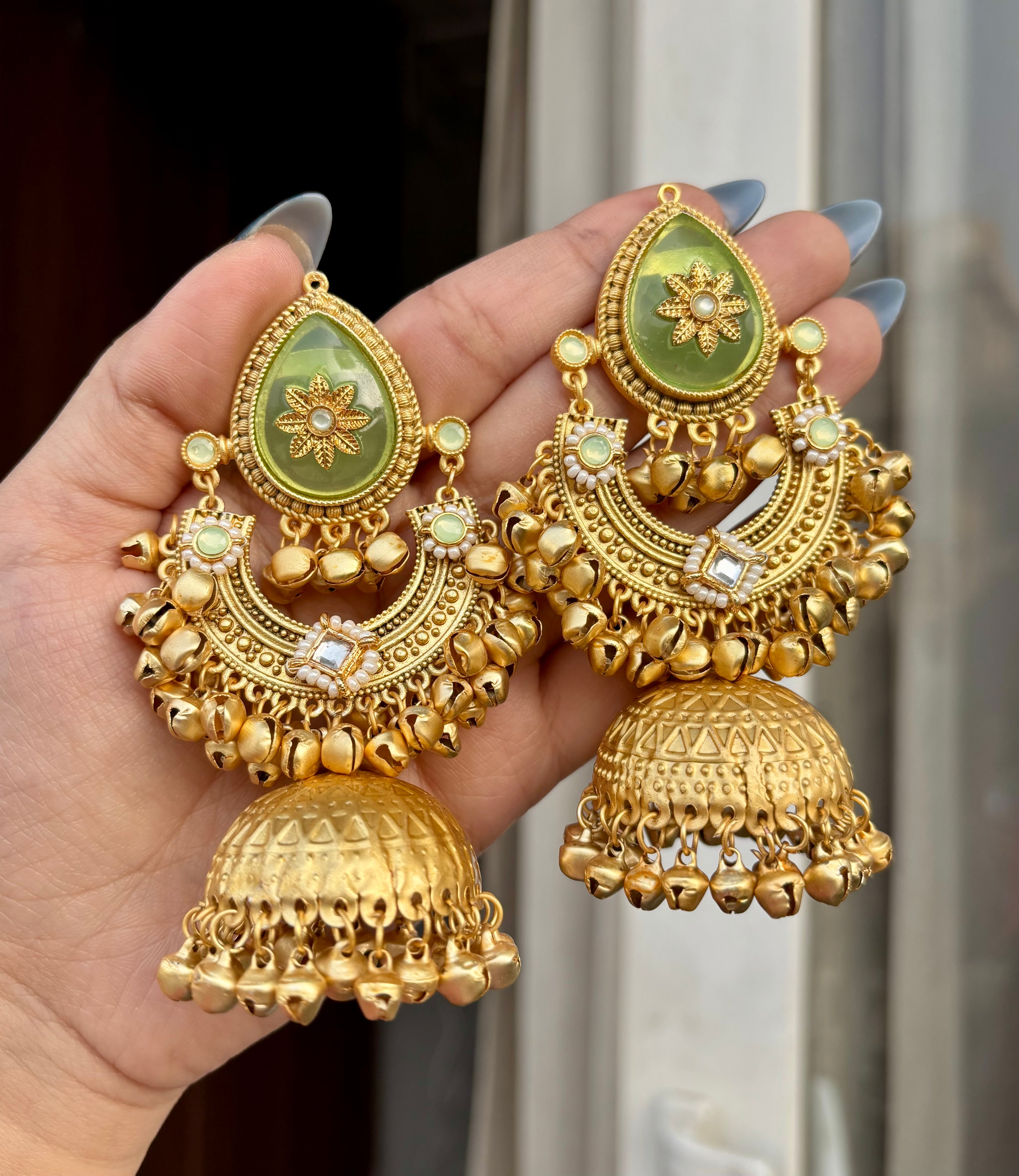 Mint Golden Kashmiri Chandbali Jhumkas