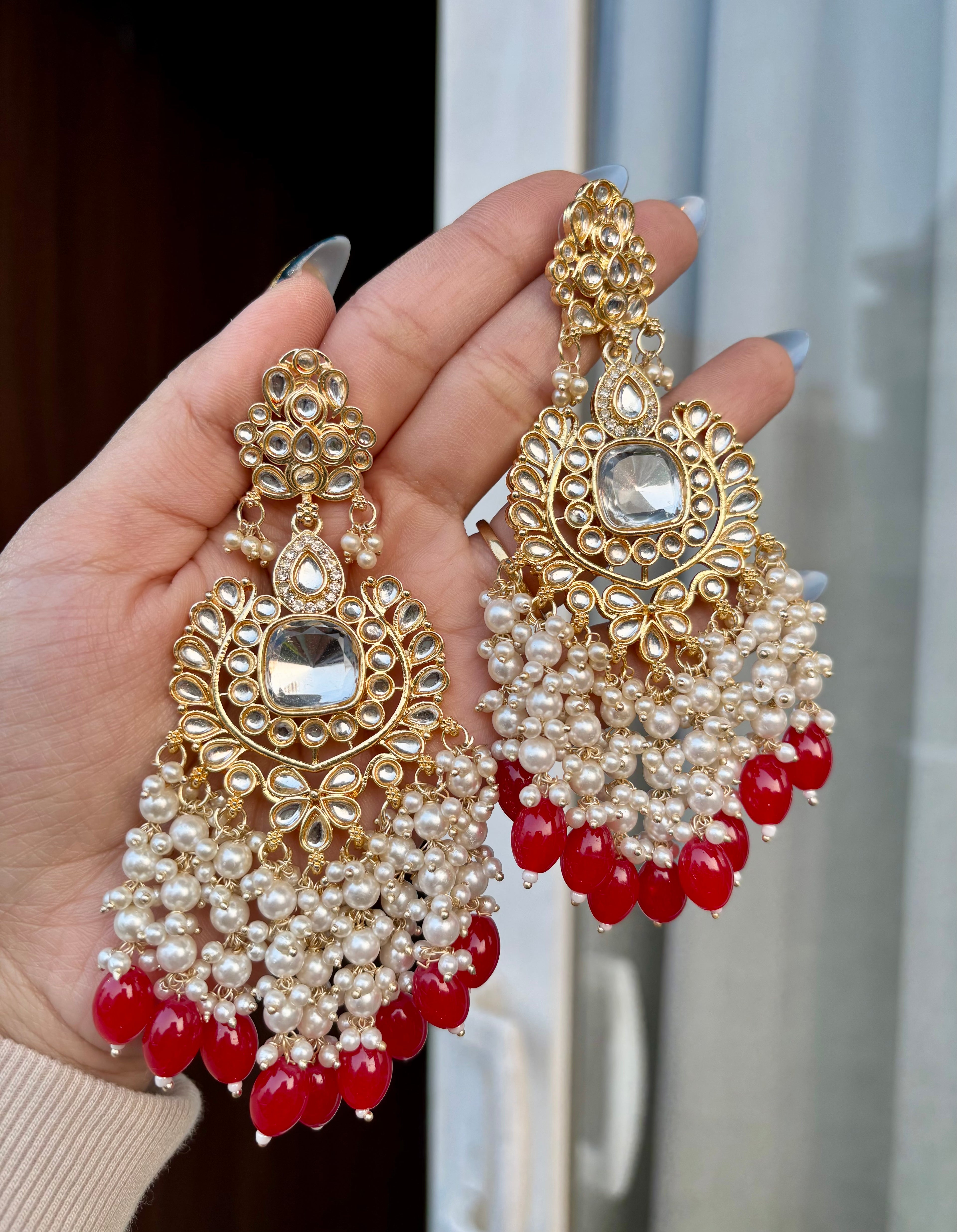 Red Long Designer Kundan Earrings