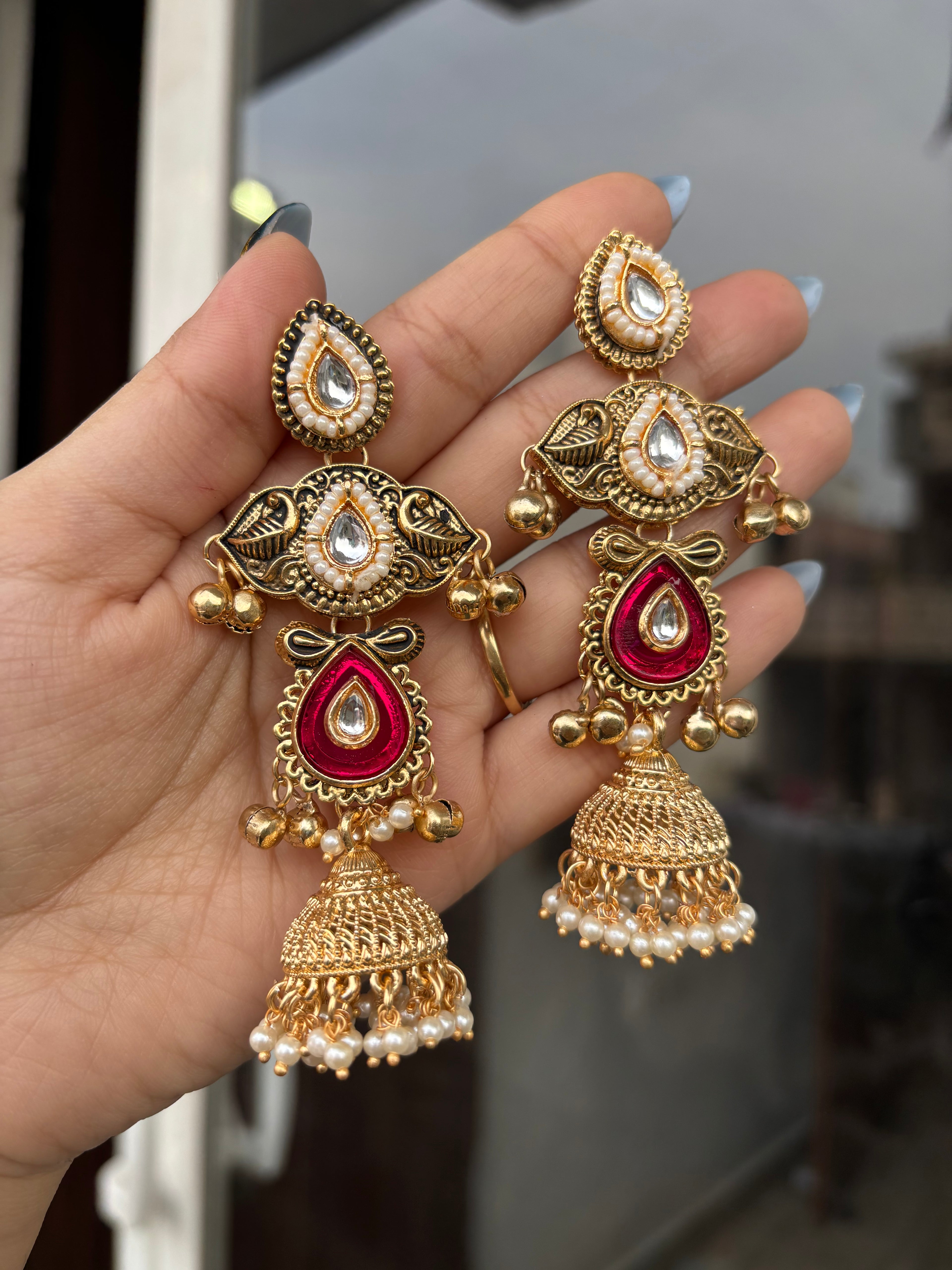 Sunheri Dark Pink Kashmiri Earrings