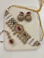 Premium Choker Choker Set With Mang Tikka & Jhumkas Moissanite Work (Multi)