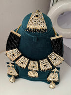 Royal Black Jadau Heavy Look Necklace With Mang Tikka & Long Earrings