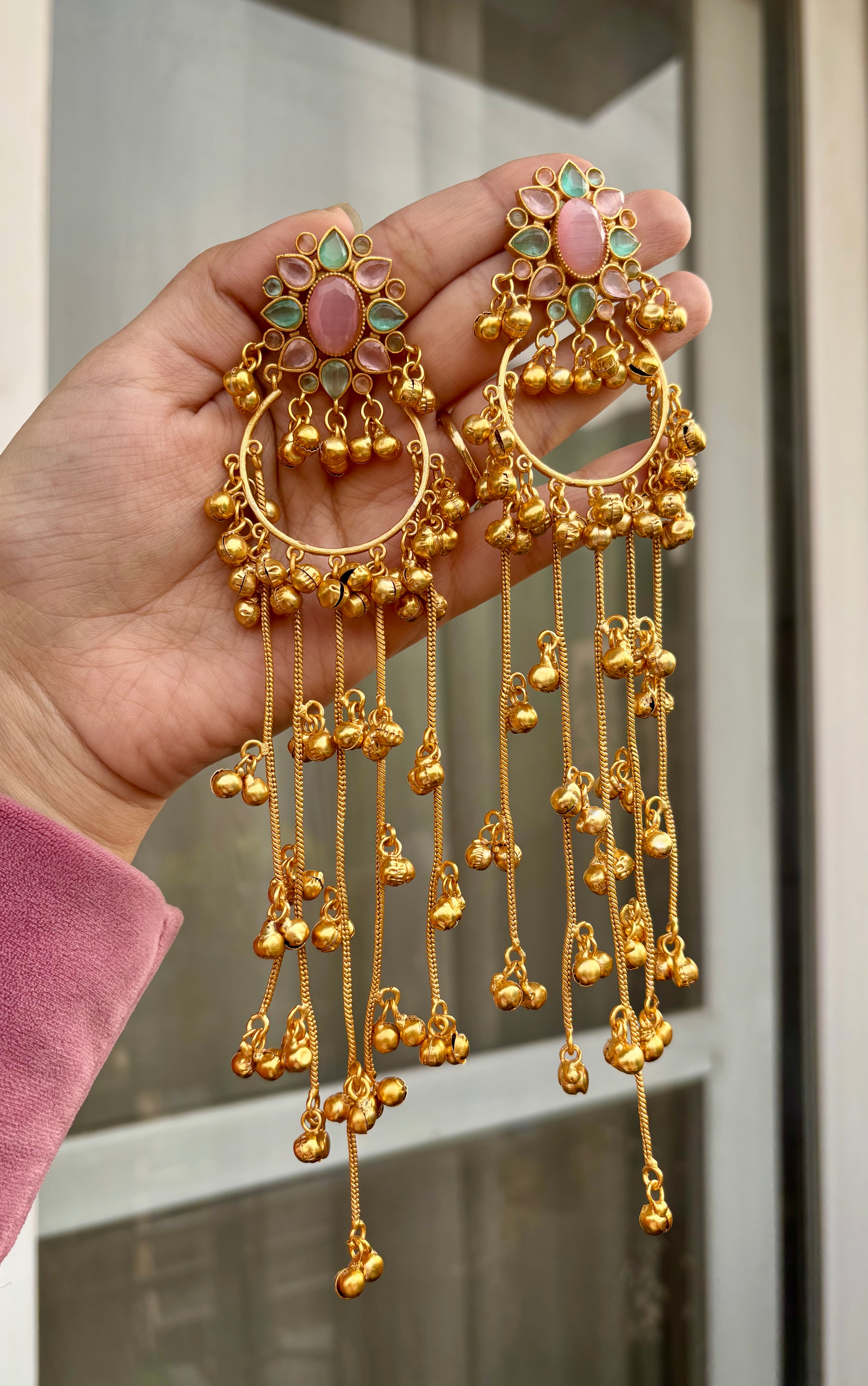 Pink & Mint Mix Flower Long Kashmiri Earrings